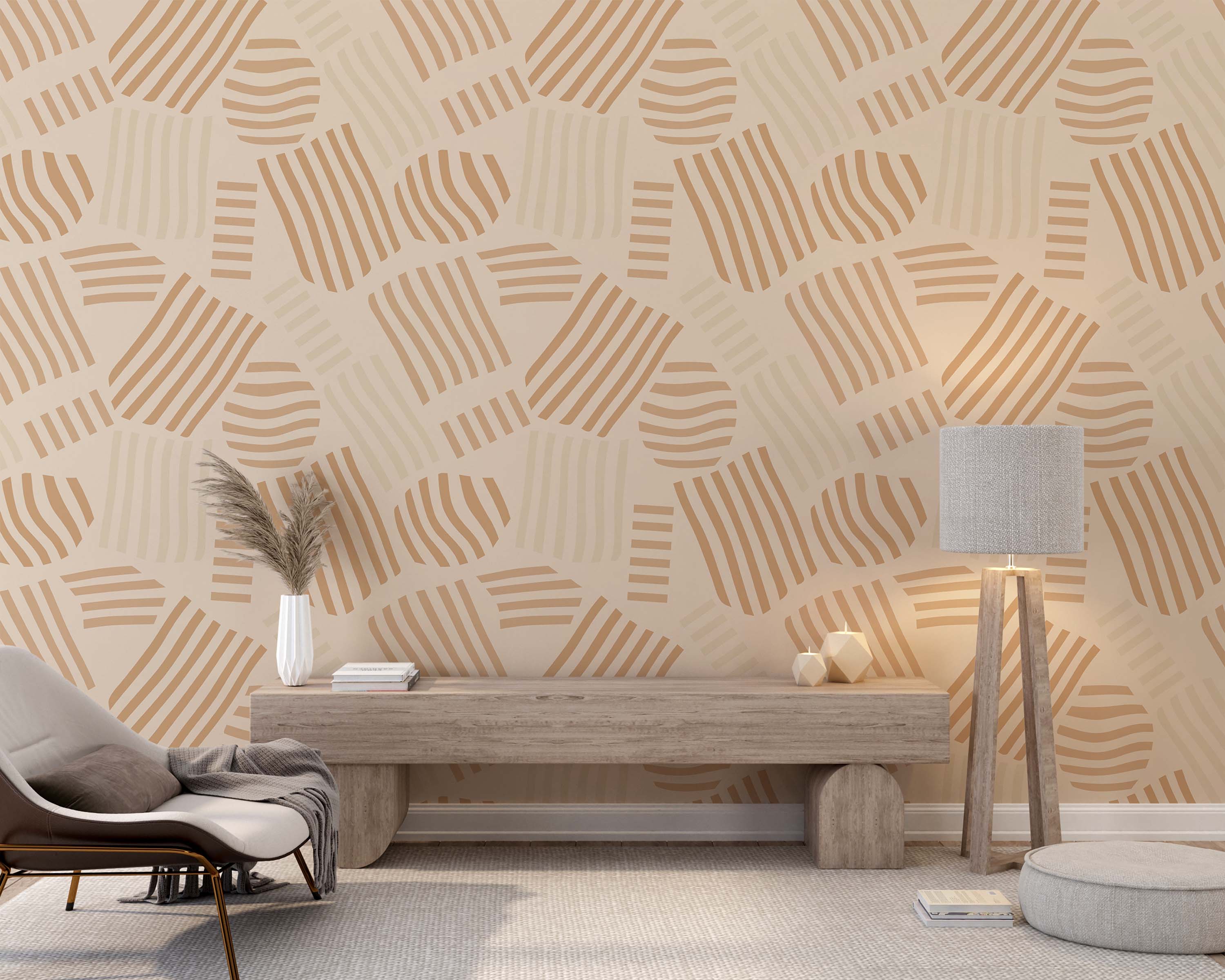 Wallpaper featuring abstract shapes in tan and light beige, detailed with internal stripe and wave patterns, on a creamy beige field.