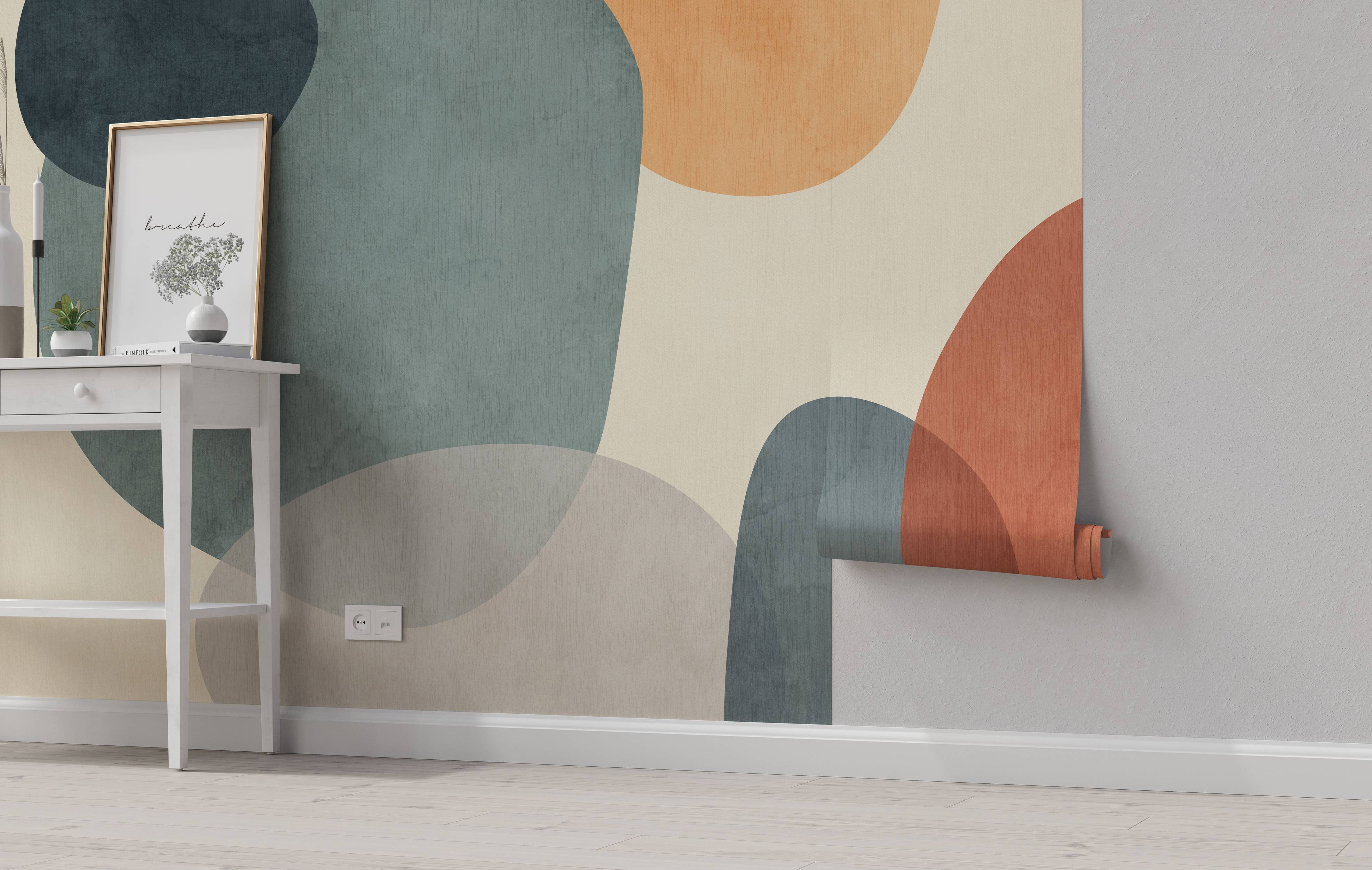 Mural featuring overlapping abstract organic shapes in muted teal, orange, and beige tones, with a subtle textured effect.