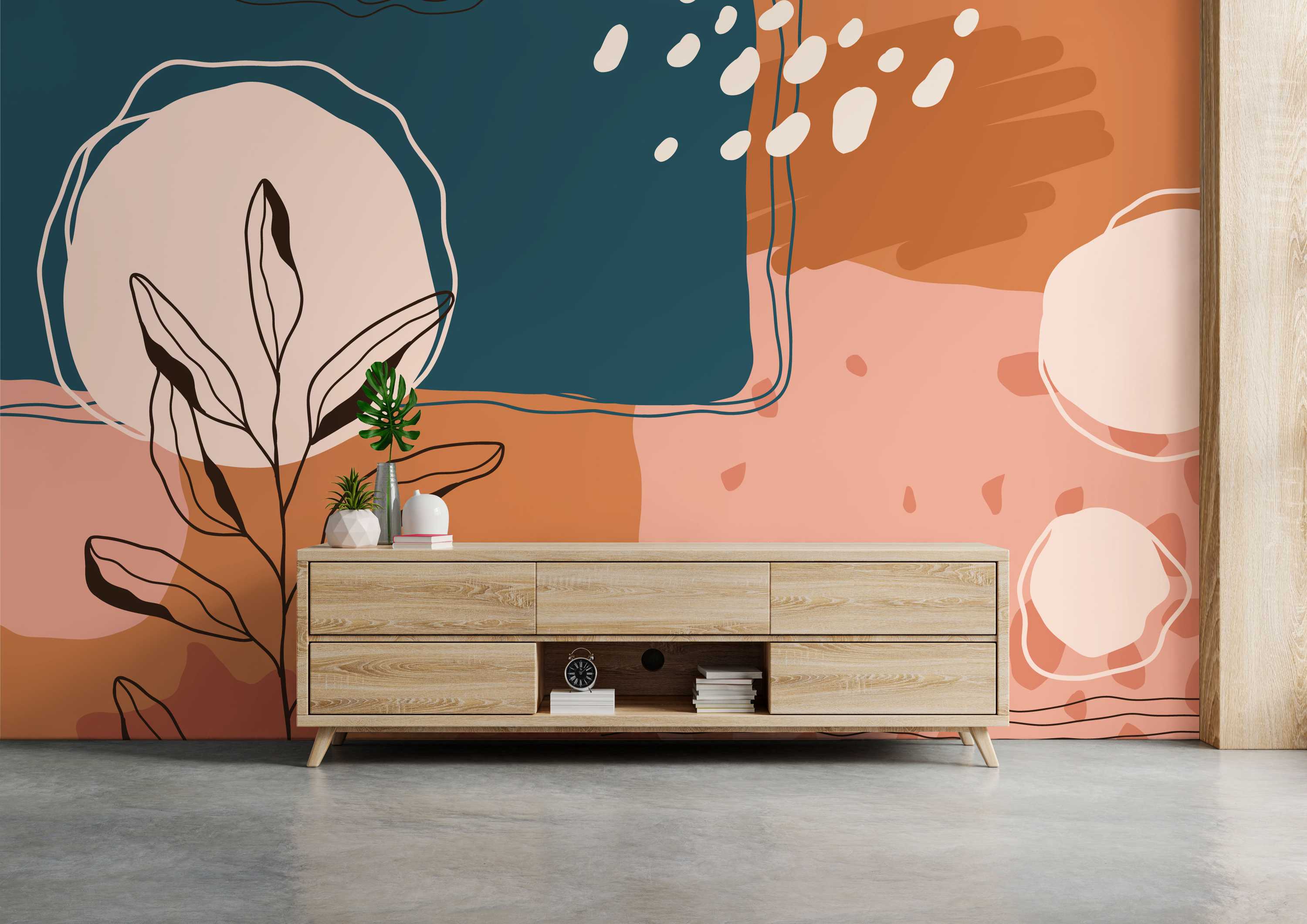 Abstract mural featuring organic shapes in teal, terracotta, and pink, with black line art botanicals and cream spots.
