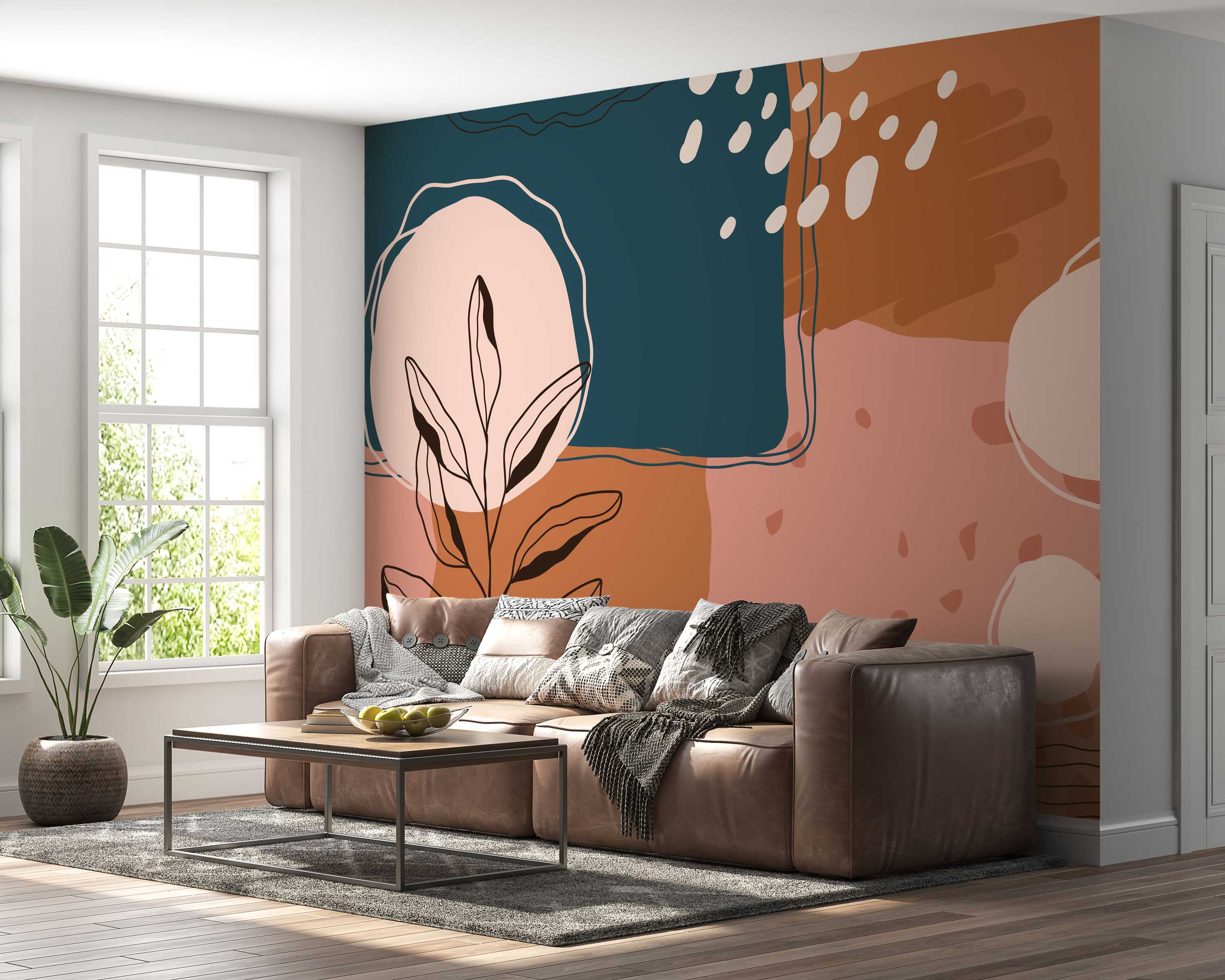 Abstract mural with large organic shapes in teal, terracotta, and pink, accented by white spots and a black line art plant.