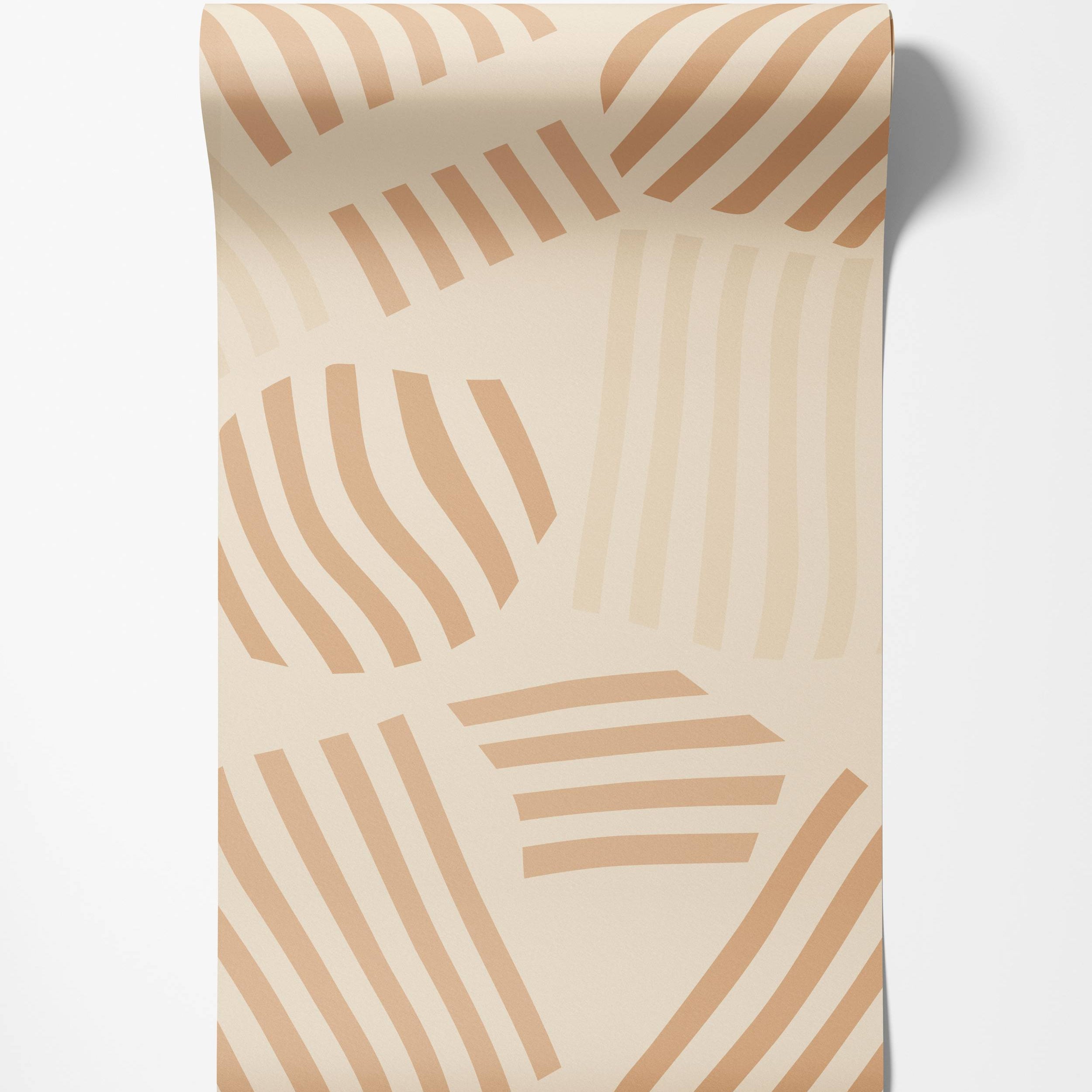 Beige abstract wallpaper with blocky shapes containing tan and pale cream stripes in various orientations.
