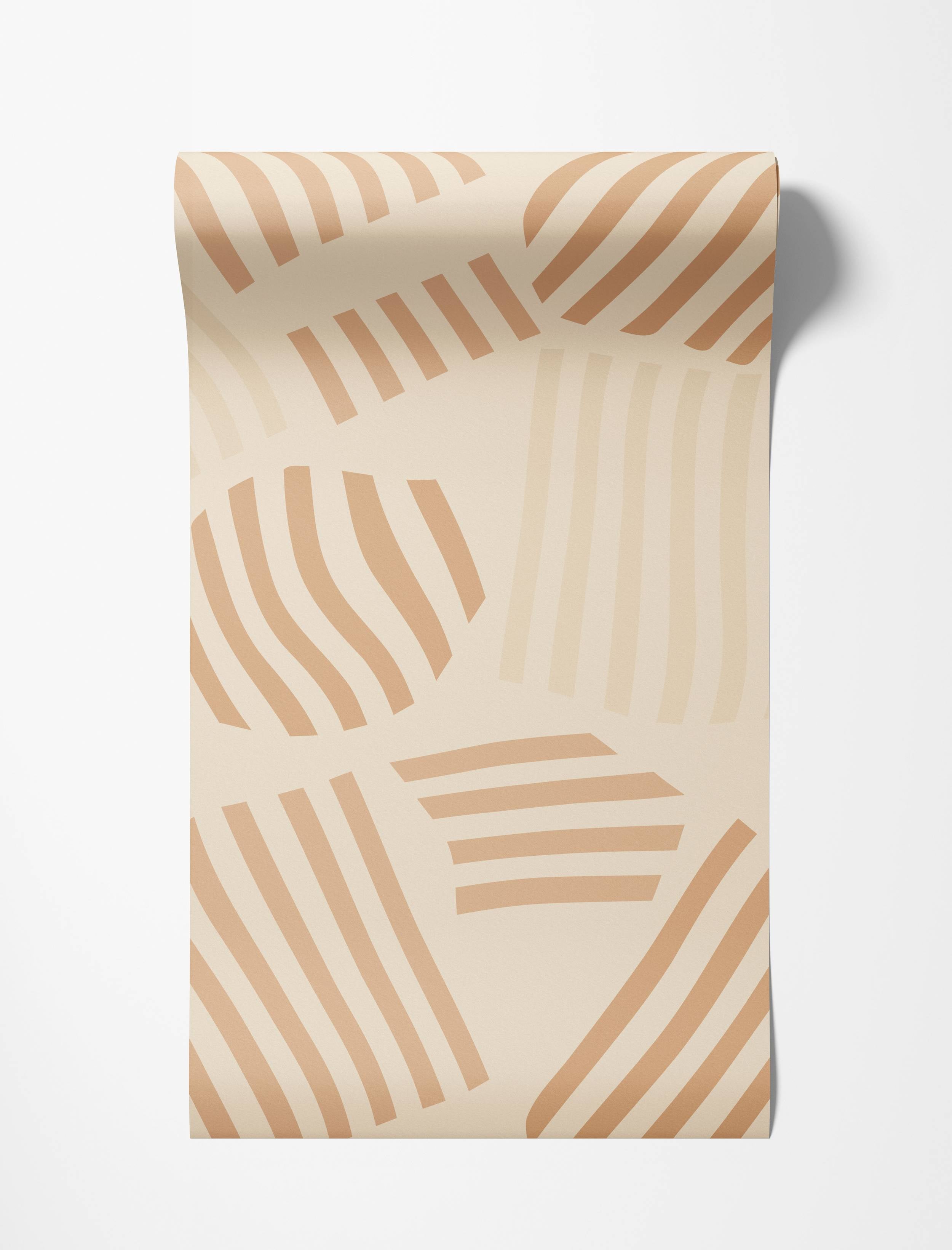 Beige abstract wallpaper with blocky shapes containing tan and pale cream stripes in various orientations.