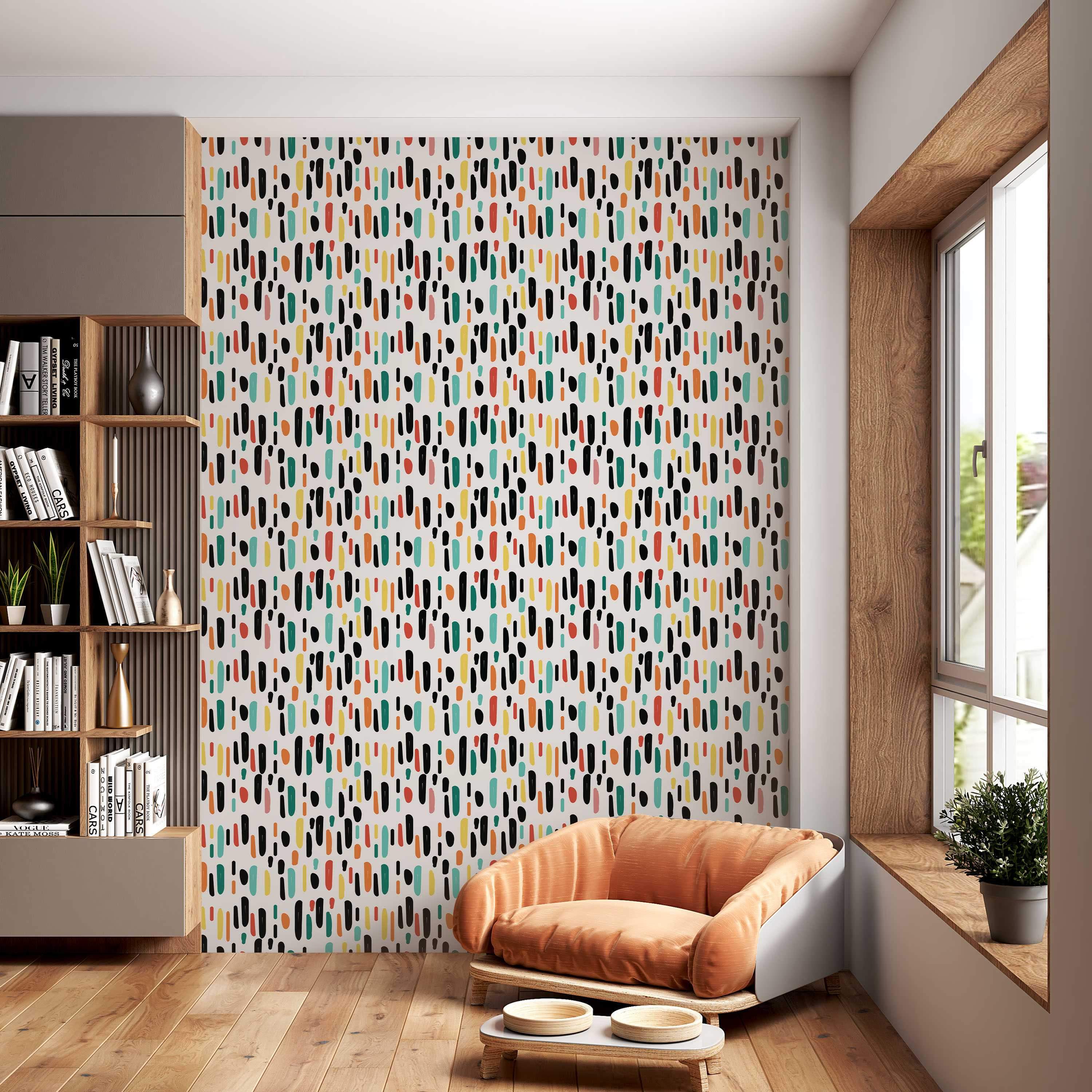 Abstract wallpaper with vertical, rounded strokes in black, yellow, teal, red, and pink on a white background.