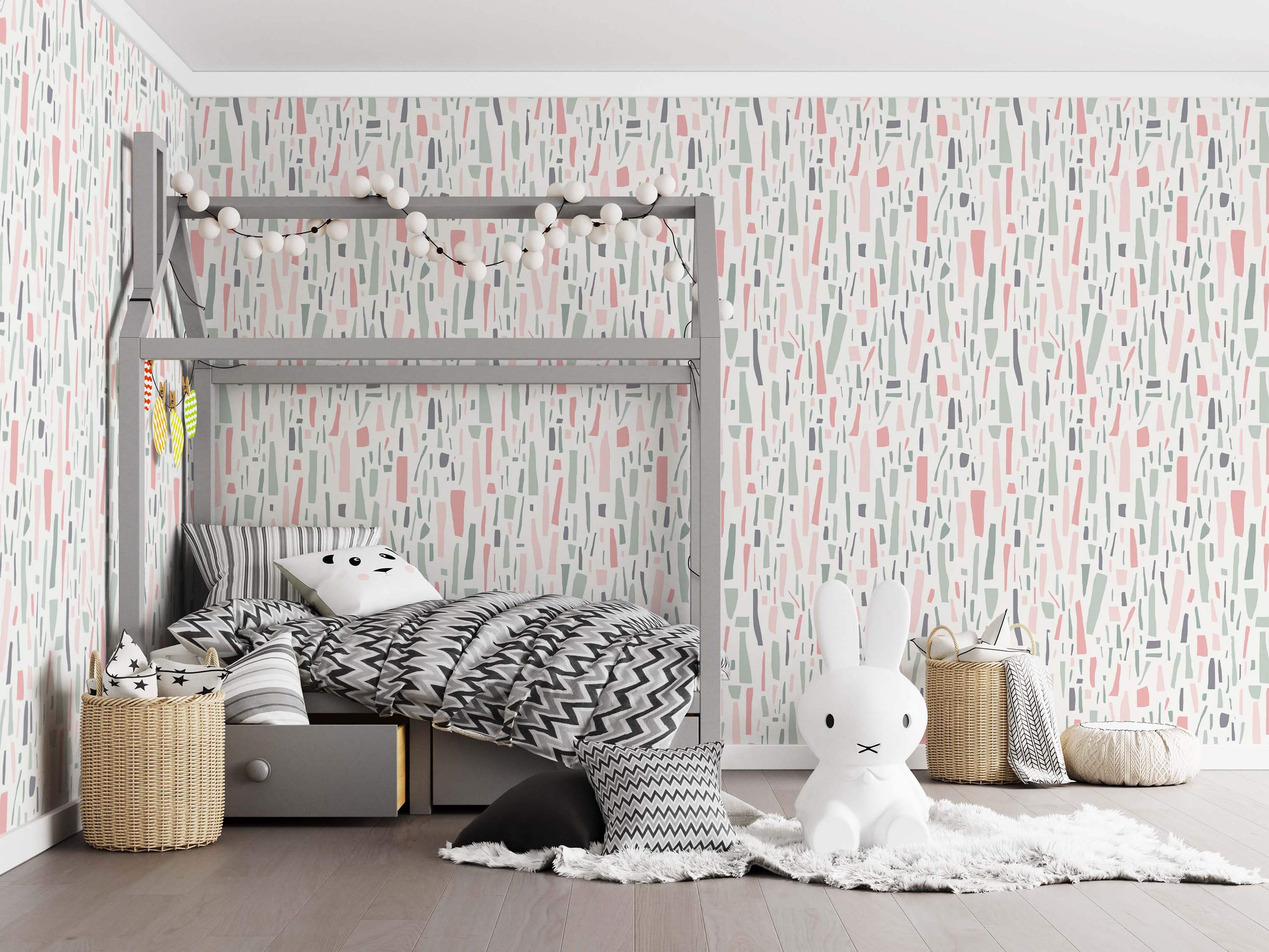 Wallpaper featuring an abstract pattern of irregular vertical strokes in soft pink, sage green, and dark gray on a light background.