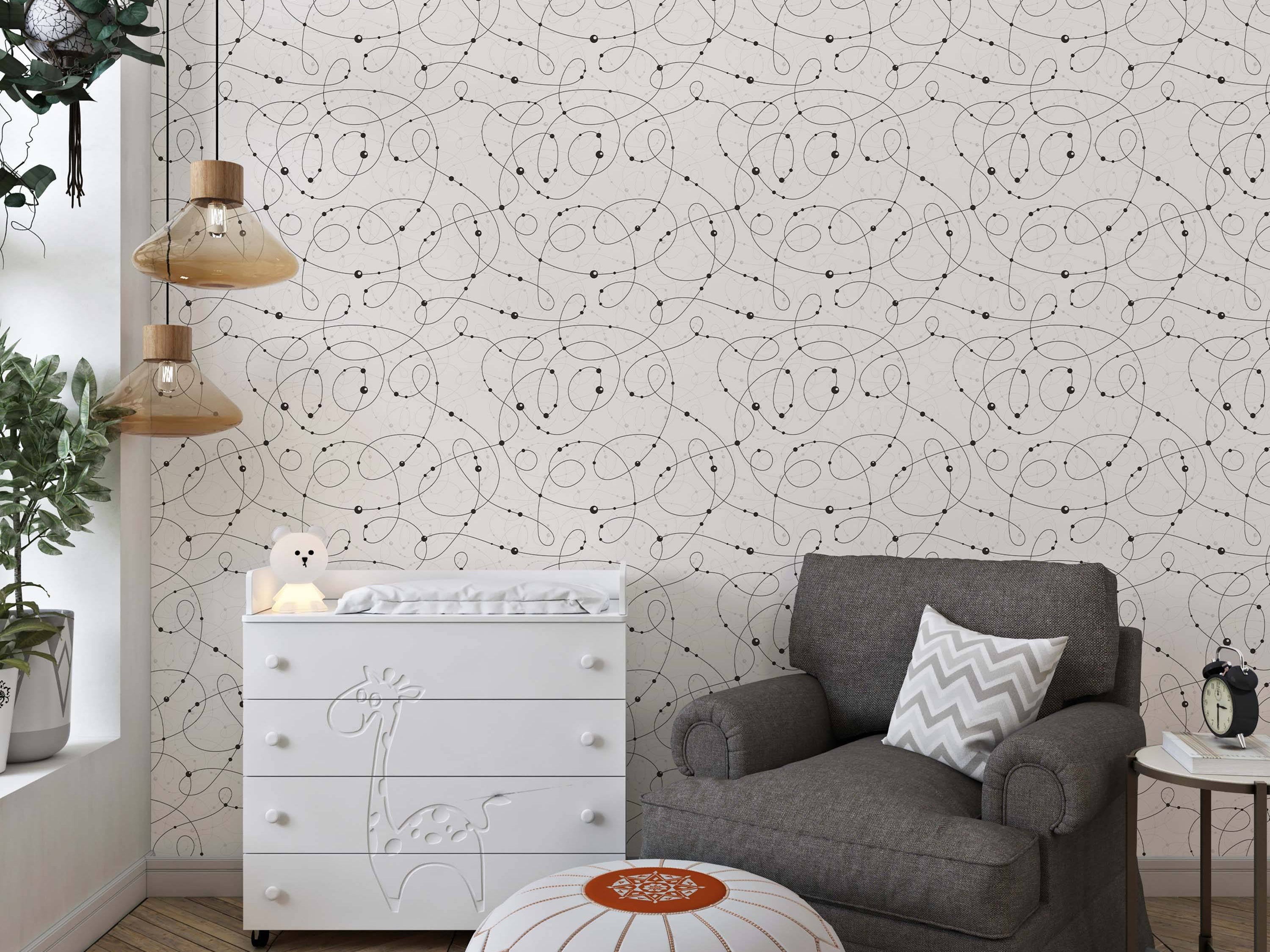 Abstract wallpaper with thin black swirling lines and dots on a light textured off-white background, with fainter gray lines.