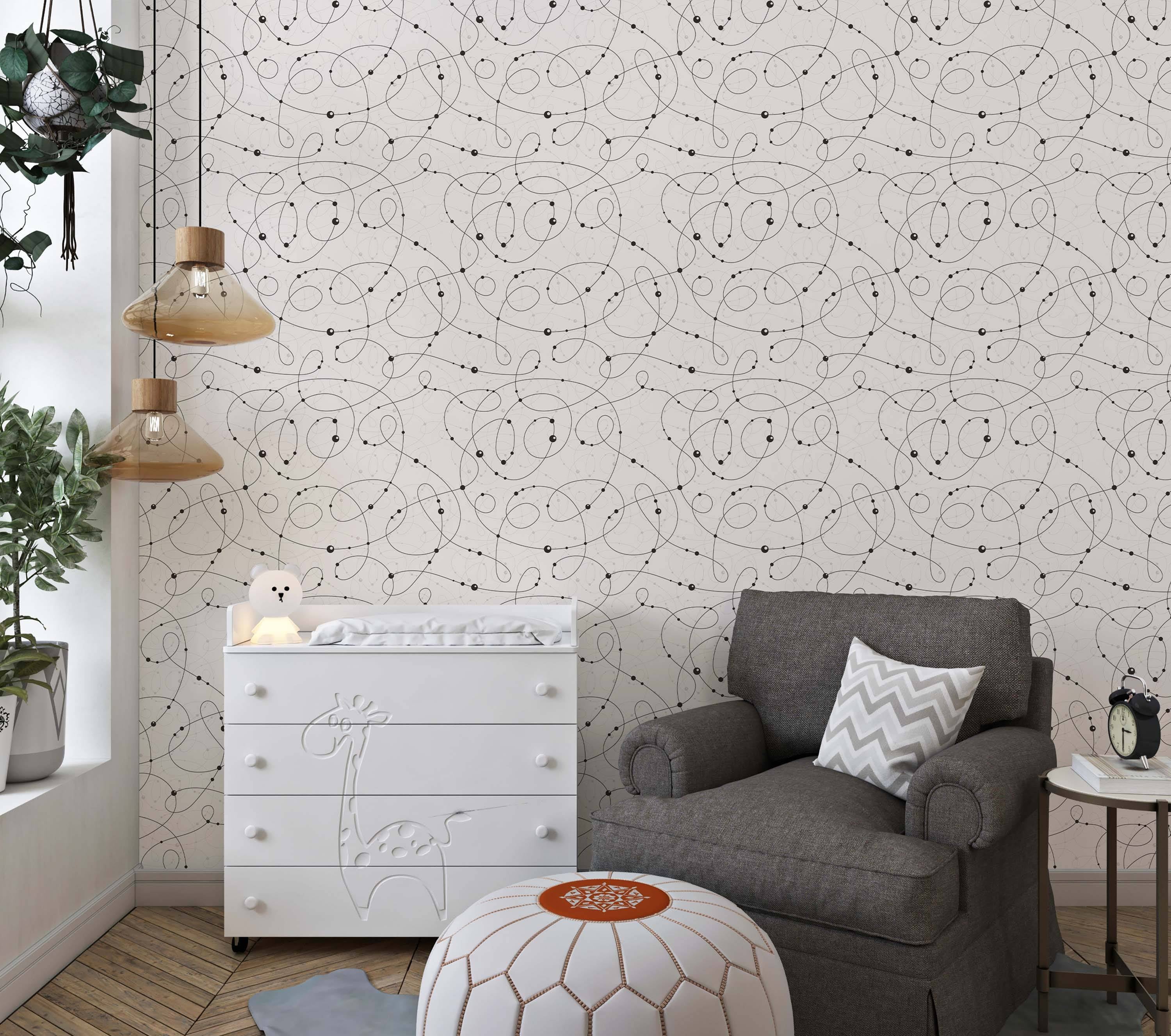Abstract wallpaper with thin black swirling lines and dots on a light textured off-white background, with fainter gray lines.