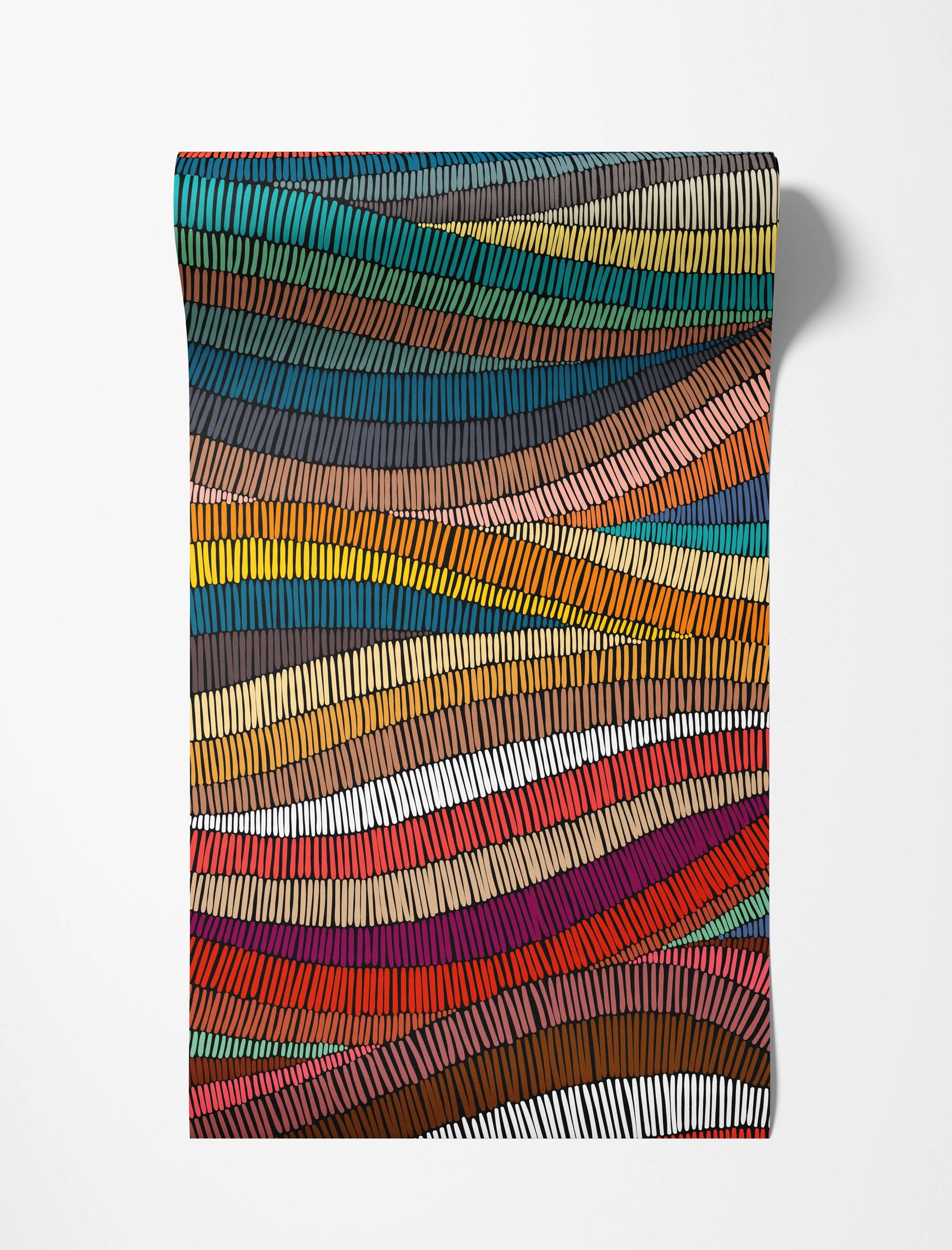 Abstract wallpaper featuring undulating horizontal bands of short, vertical, multicolored strokes on a black background.