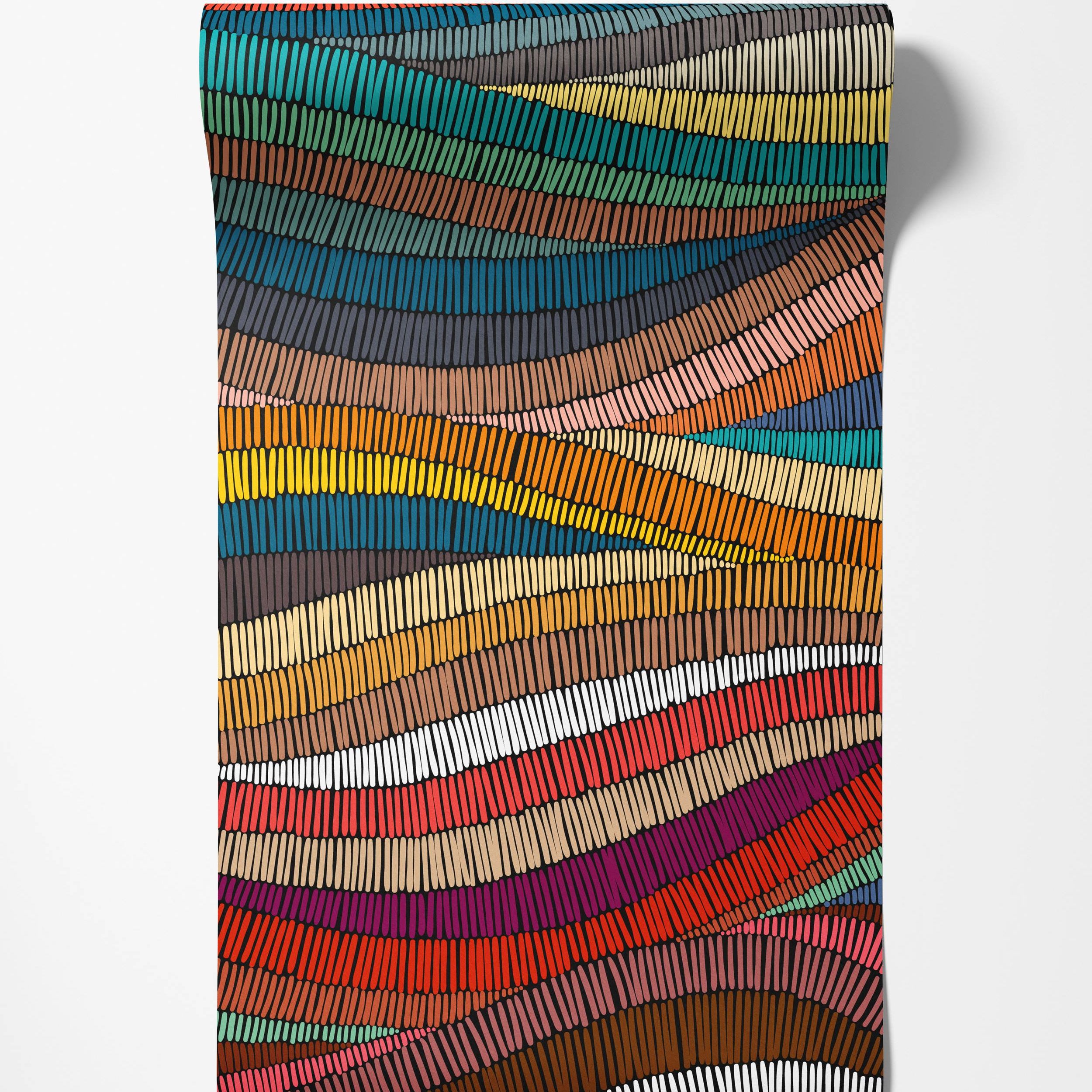 Abstract wallpaper featuring undulating horizontal bands of short, vertical, multicolored strokes on a black background.