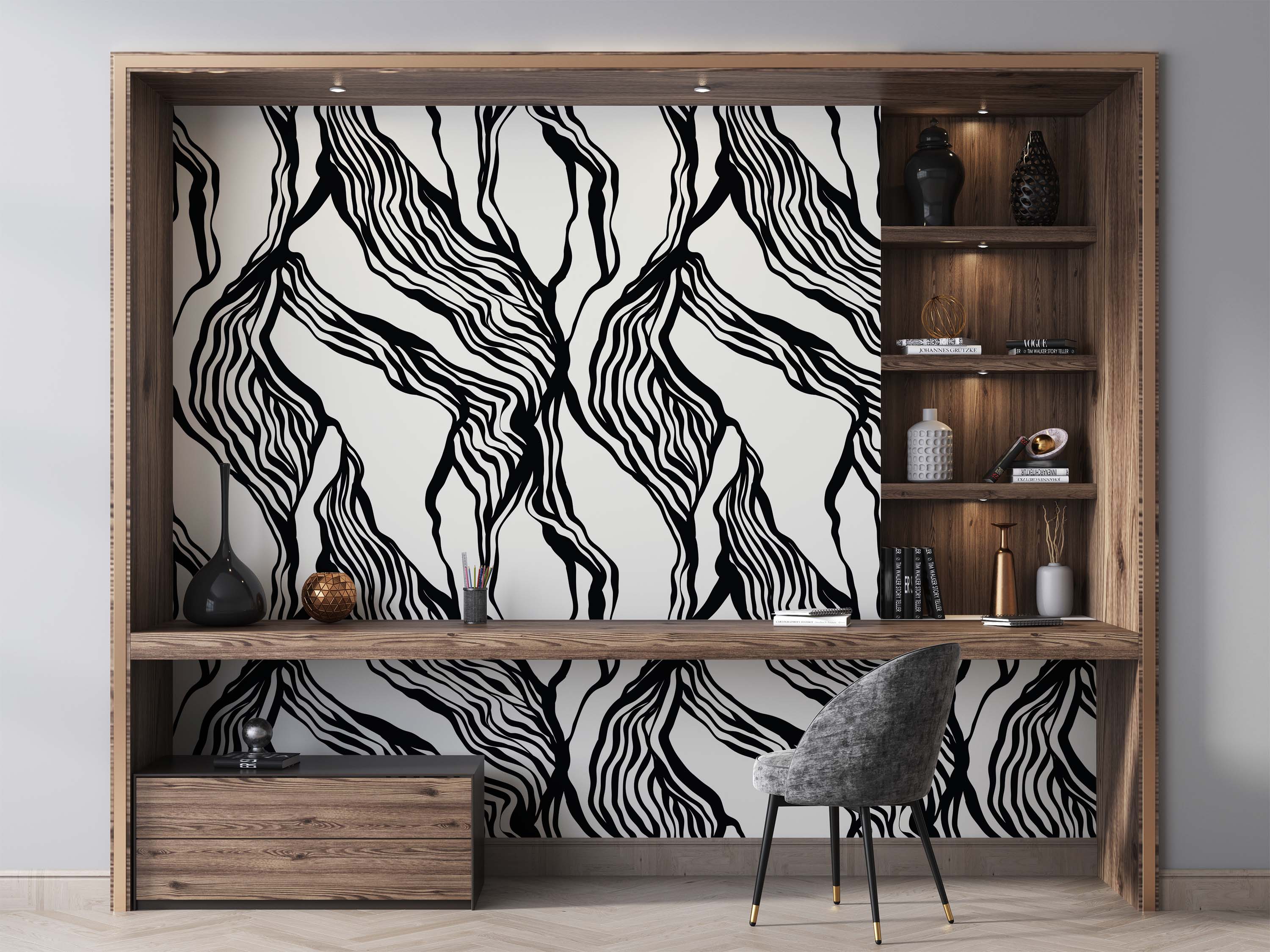 Abstract wallpaper featuring bold, wavy black lines flowing vertically against a stark white background, creating high contrast.