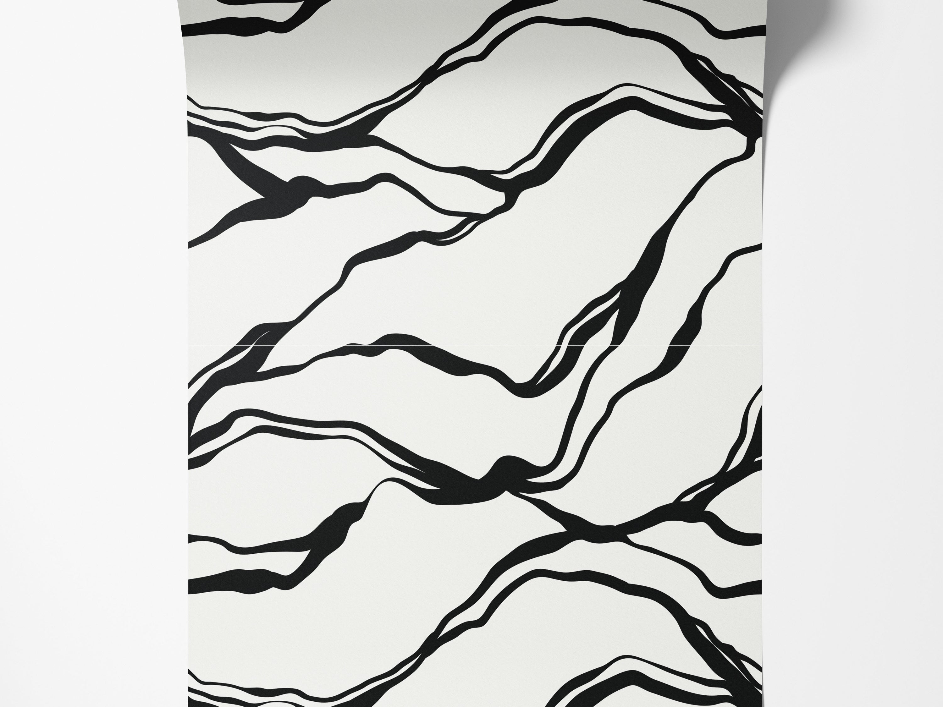 White wallpaper with a pattern of dynamic, flowing black abstract lines.