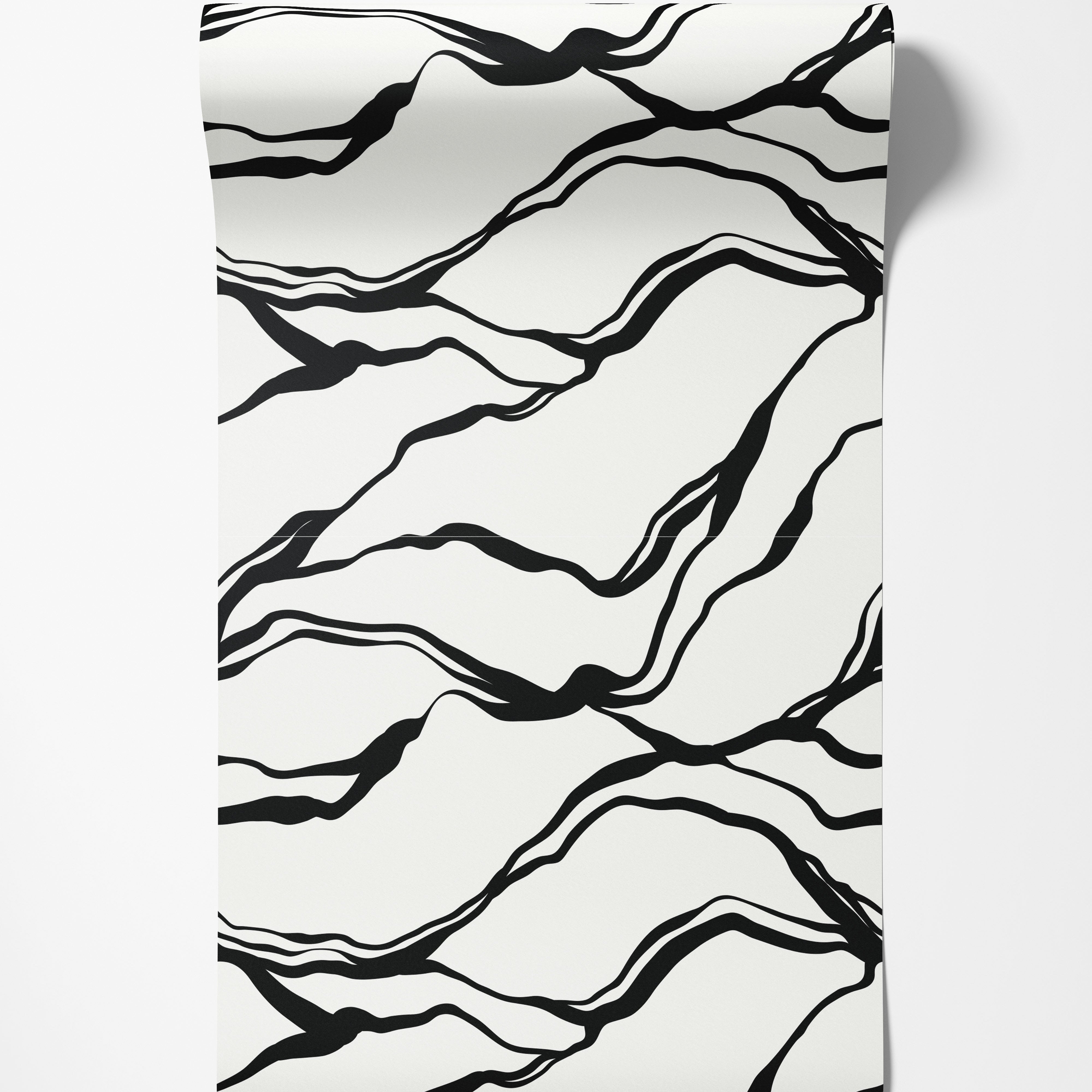 White wallpaper with a pattern of dynamic, flowing black abstract lines.