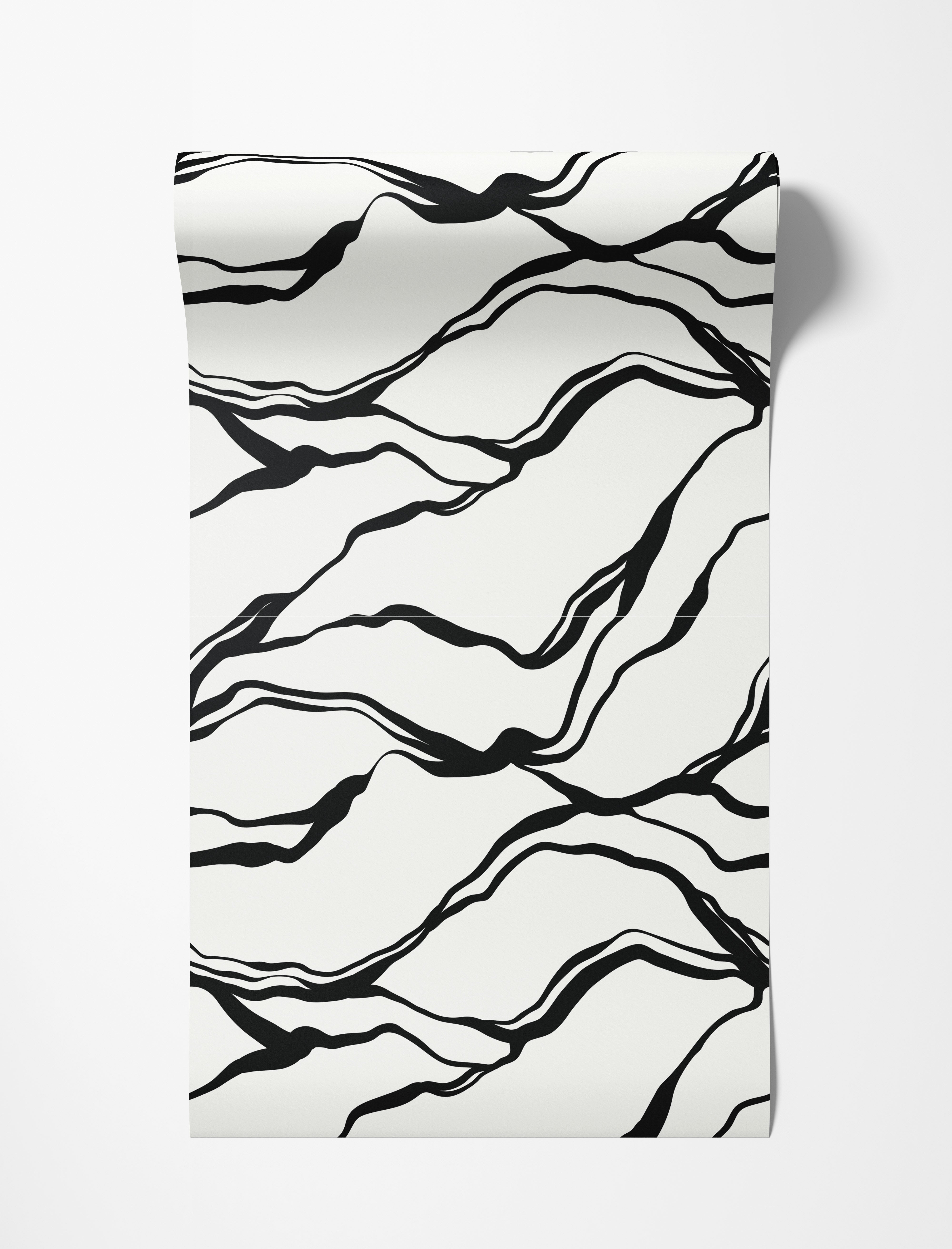 White wallpaper with a pattern of dynamic, flowing black abstract lines.