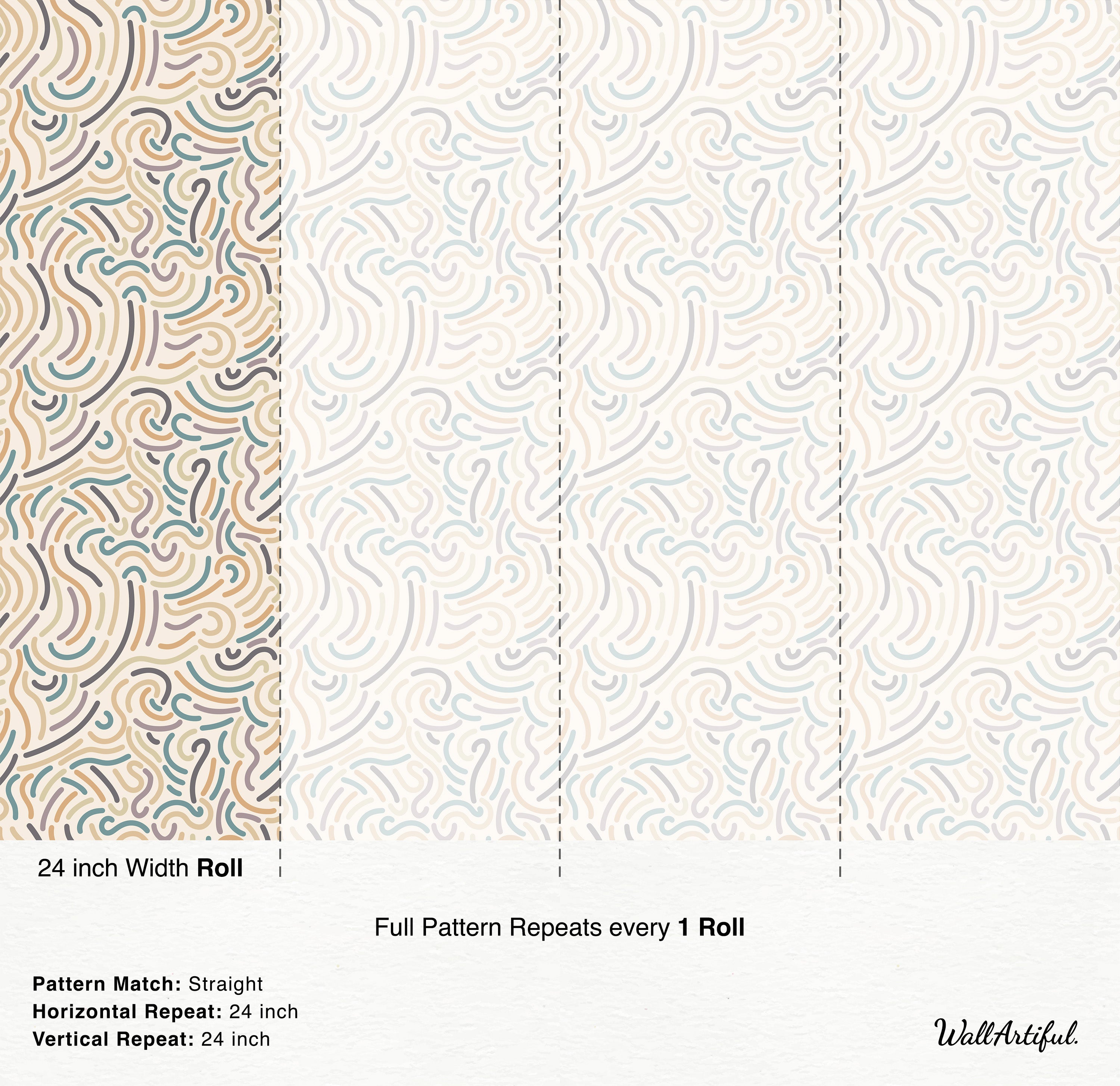 Abstract wallpaper featuring interlocking wavy lines in earthy tones of beige, light blue, gray, and brown on a cream background.
