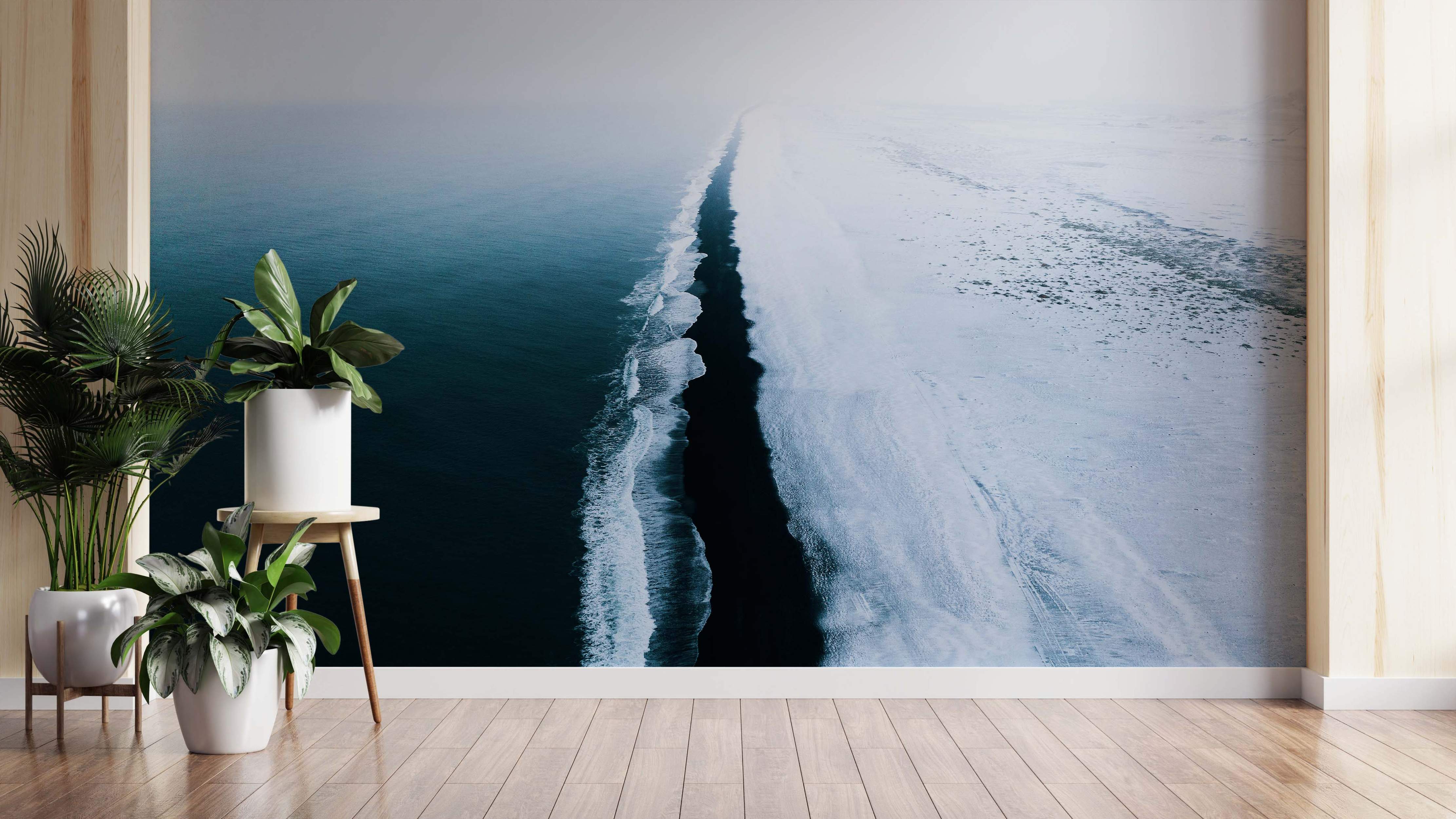 Aerial photo mural of a dark blue ocean meeting a black sand beach and snow-covered land under a foggy sky.