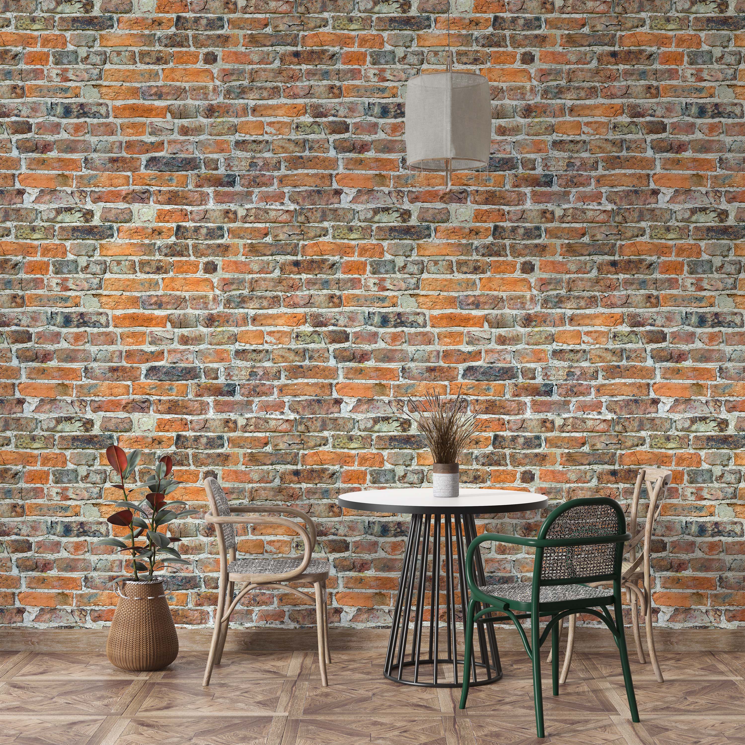 Wallpaper featuring an aged brick pattern with varied shades of red, orange, and brown, showing distressed textures and light mortar.