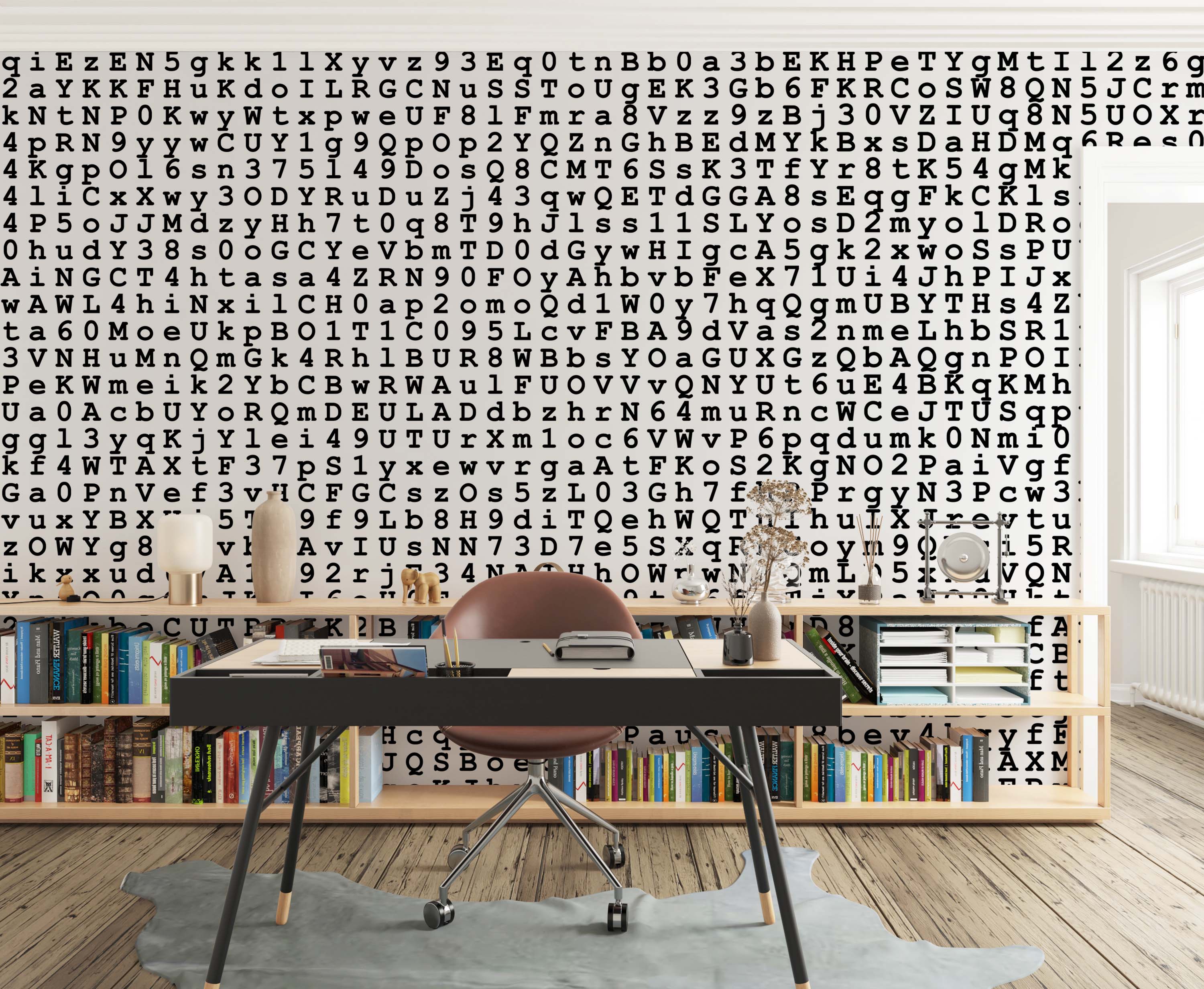 Wallpaper featuring a dense, random pattern of black typewriter-style letters and numbers on a white background.