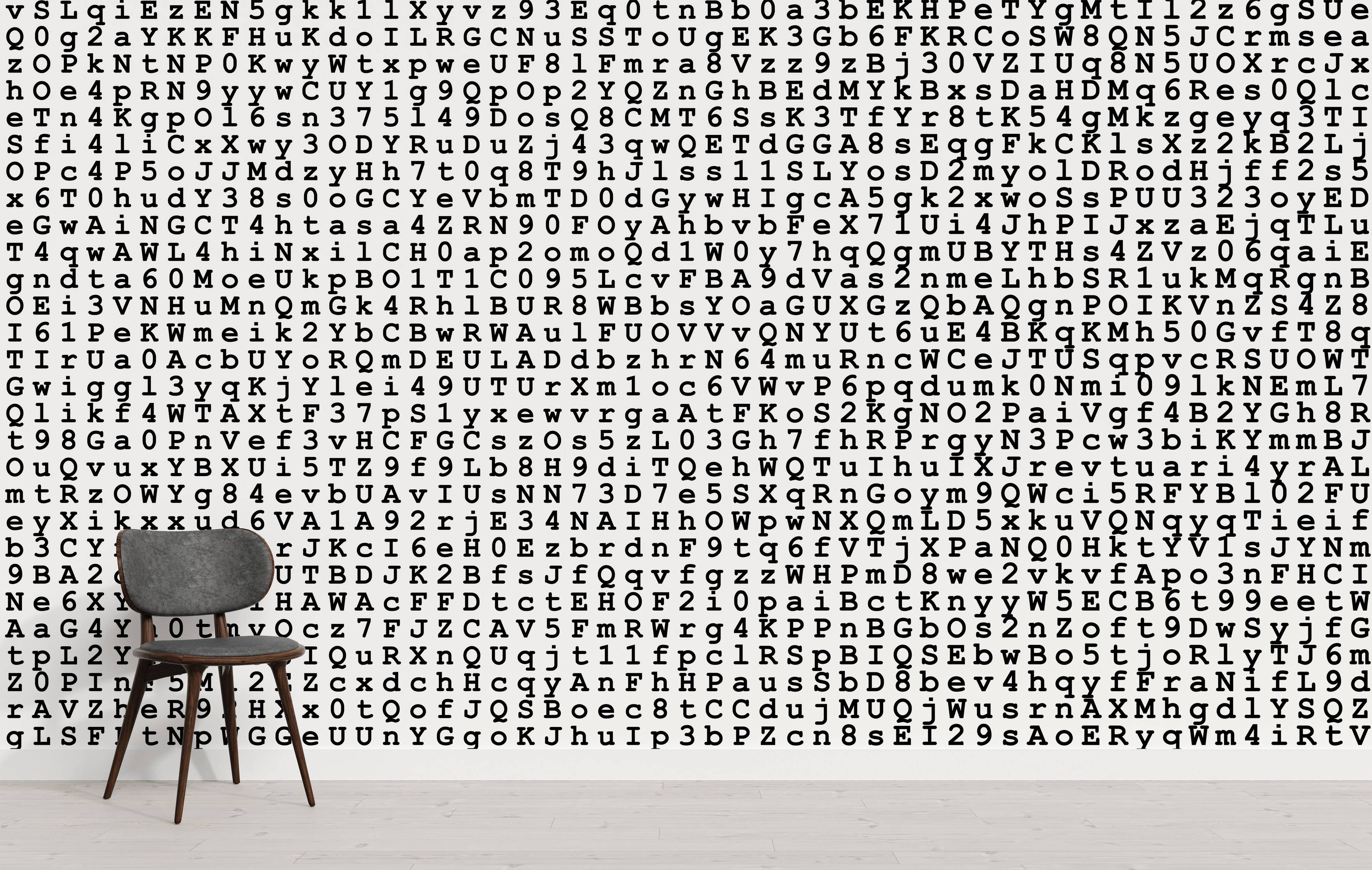 White wallpaper featuring a dense, repeating grid of black, typewriter-font alphanumeric characters.