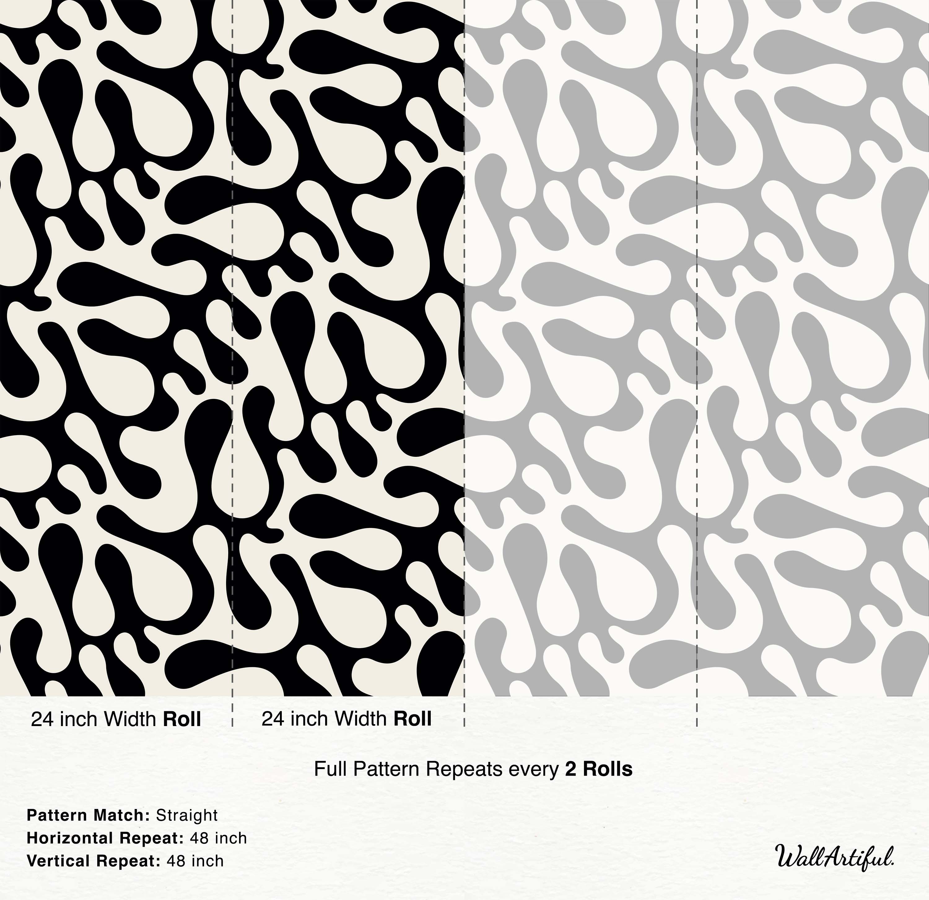 Abstract wallpaper with large, interlocking black amorphous blob shapes on a light beige background.