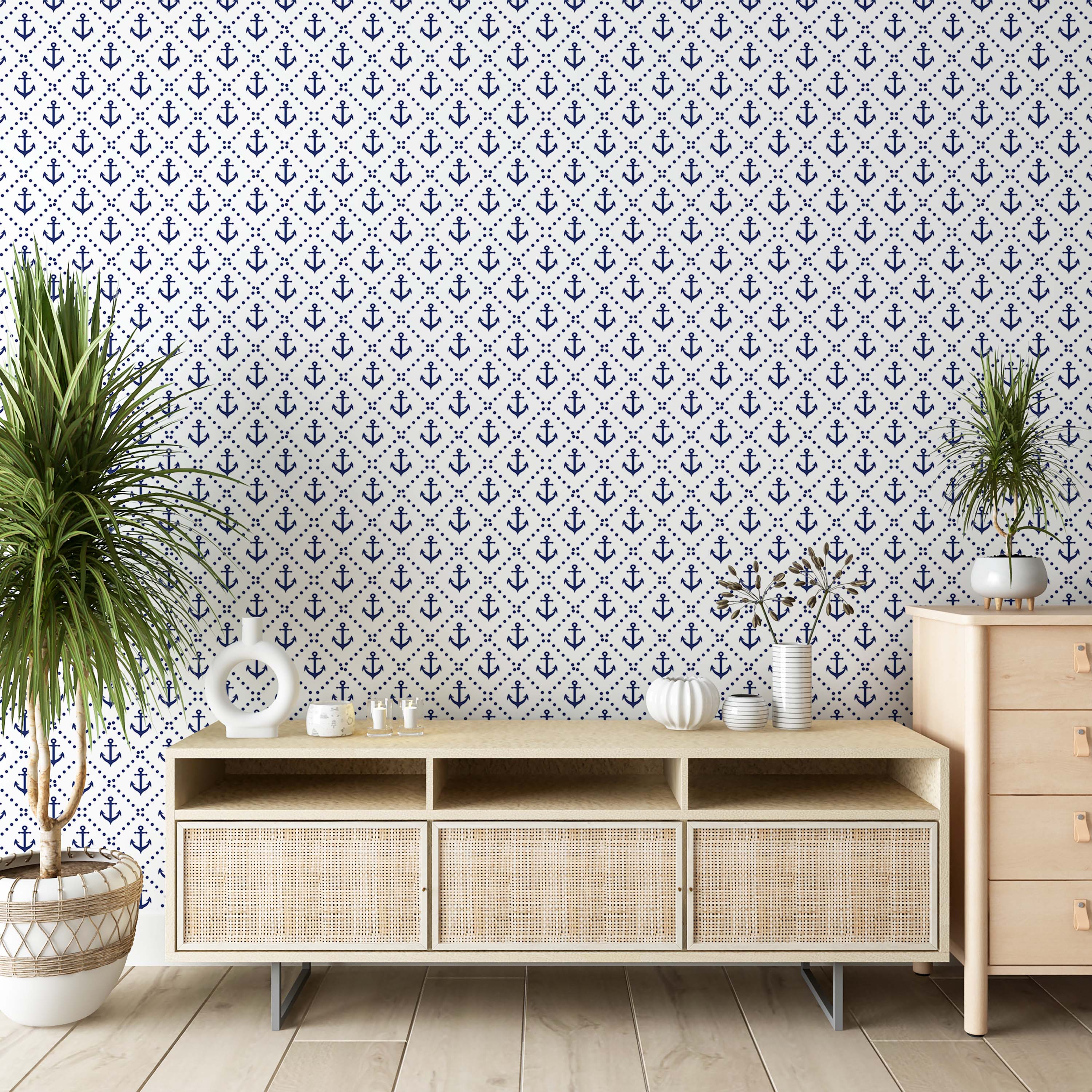 Blue anchor and dot pattern wallpaper in a diamond lattice on a white background.