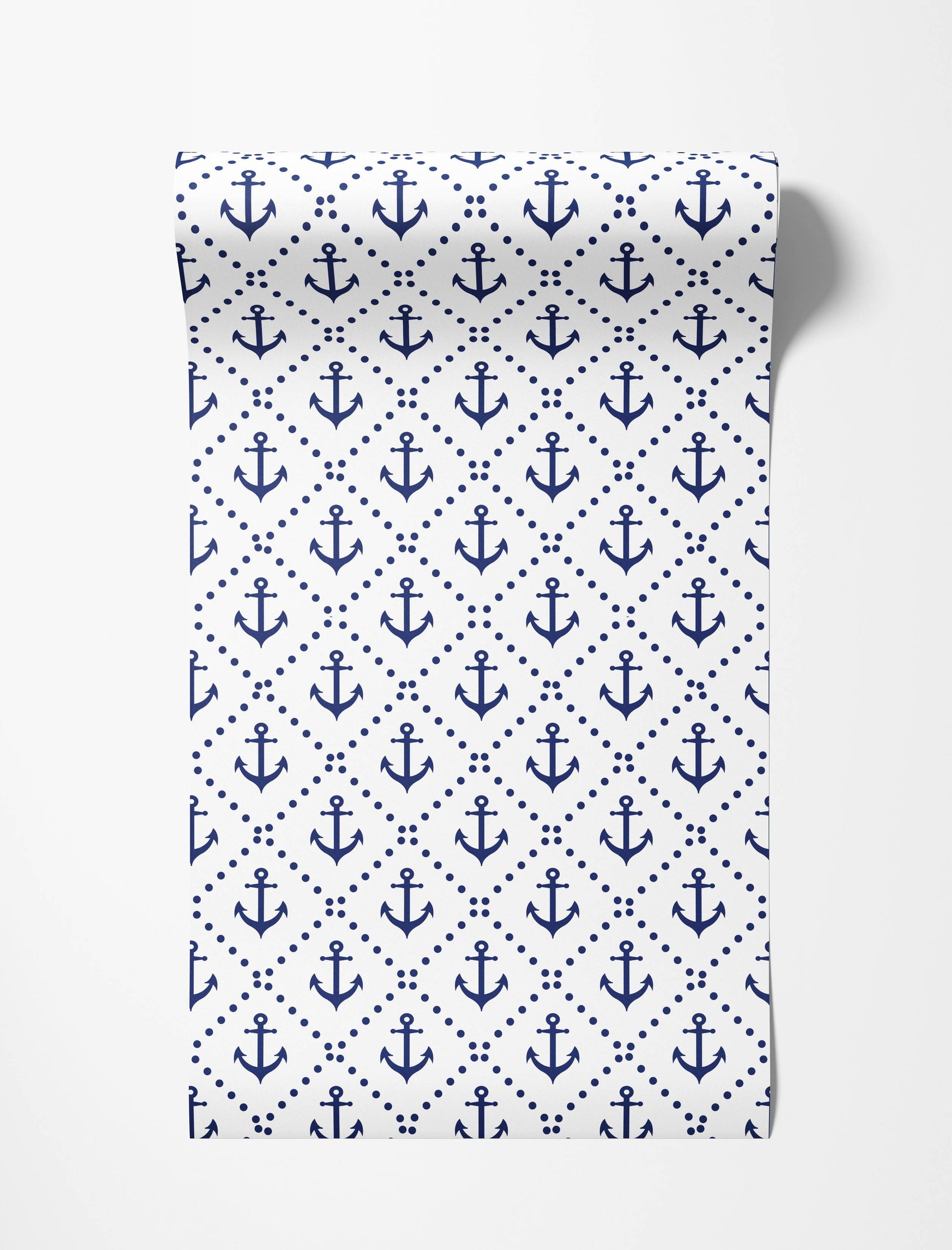 Wallpaper with blue anchors and dots forming a geometric grid pattern on a white background.
