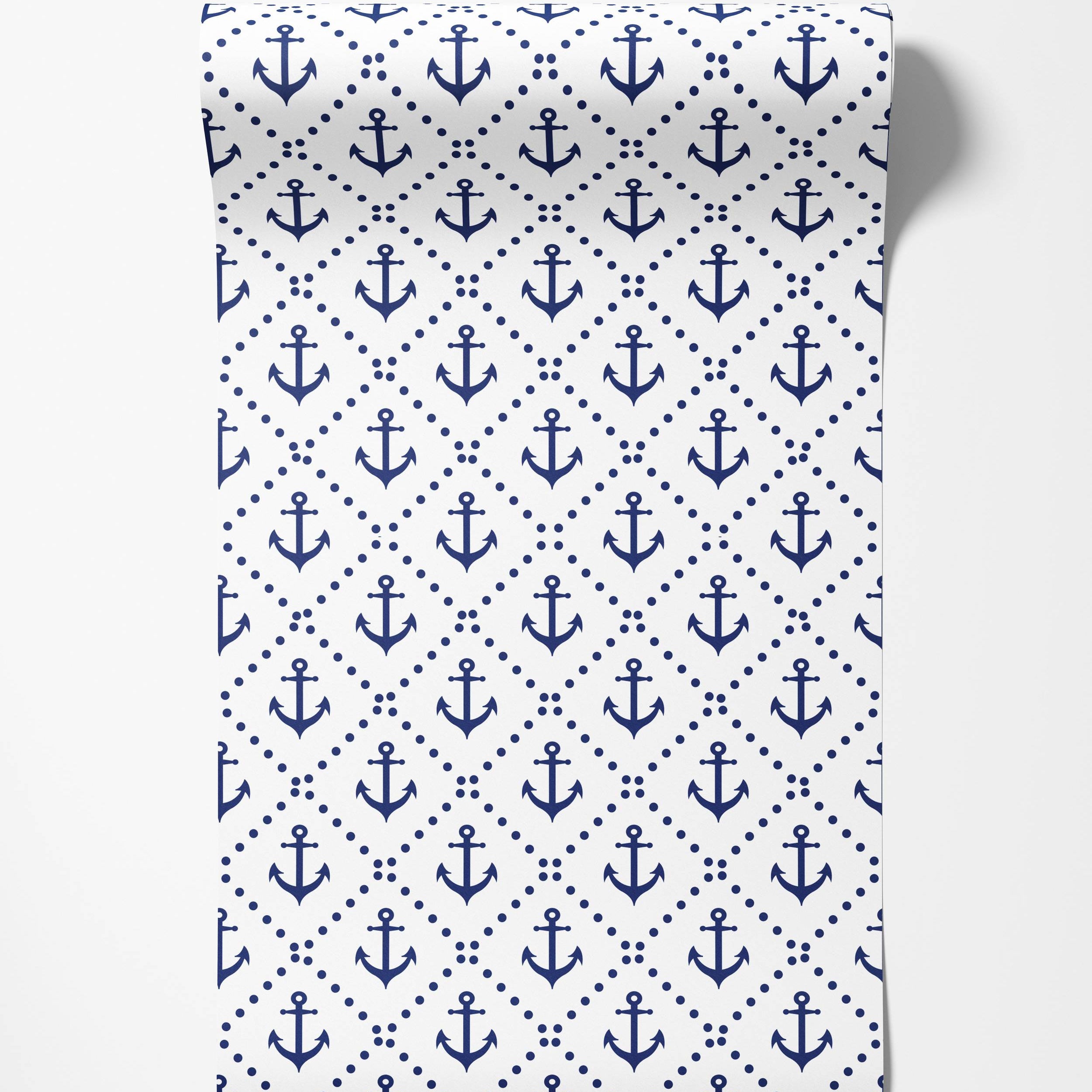 Wallpaper with blue anchors and dots forming a geometric grid pattern on a white background.
