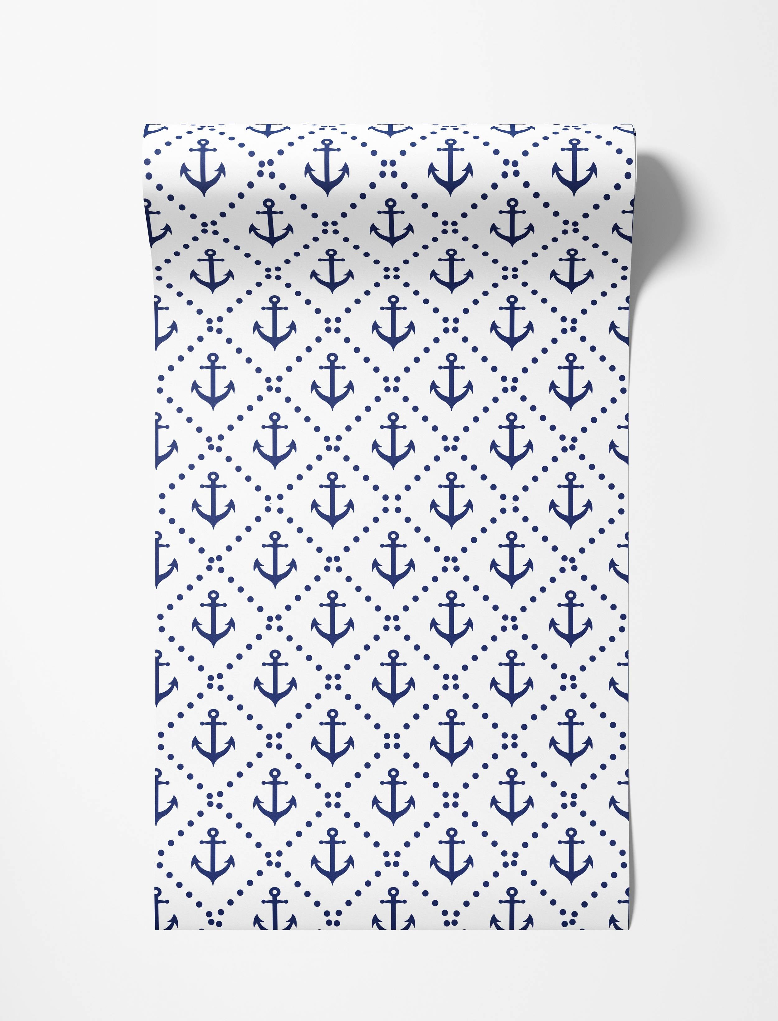 Wallpaper with blue anchors and dots forming a geometric grid pattern on a white background.