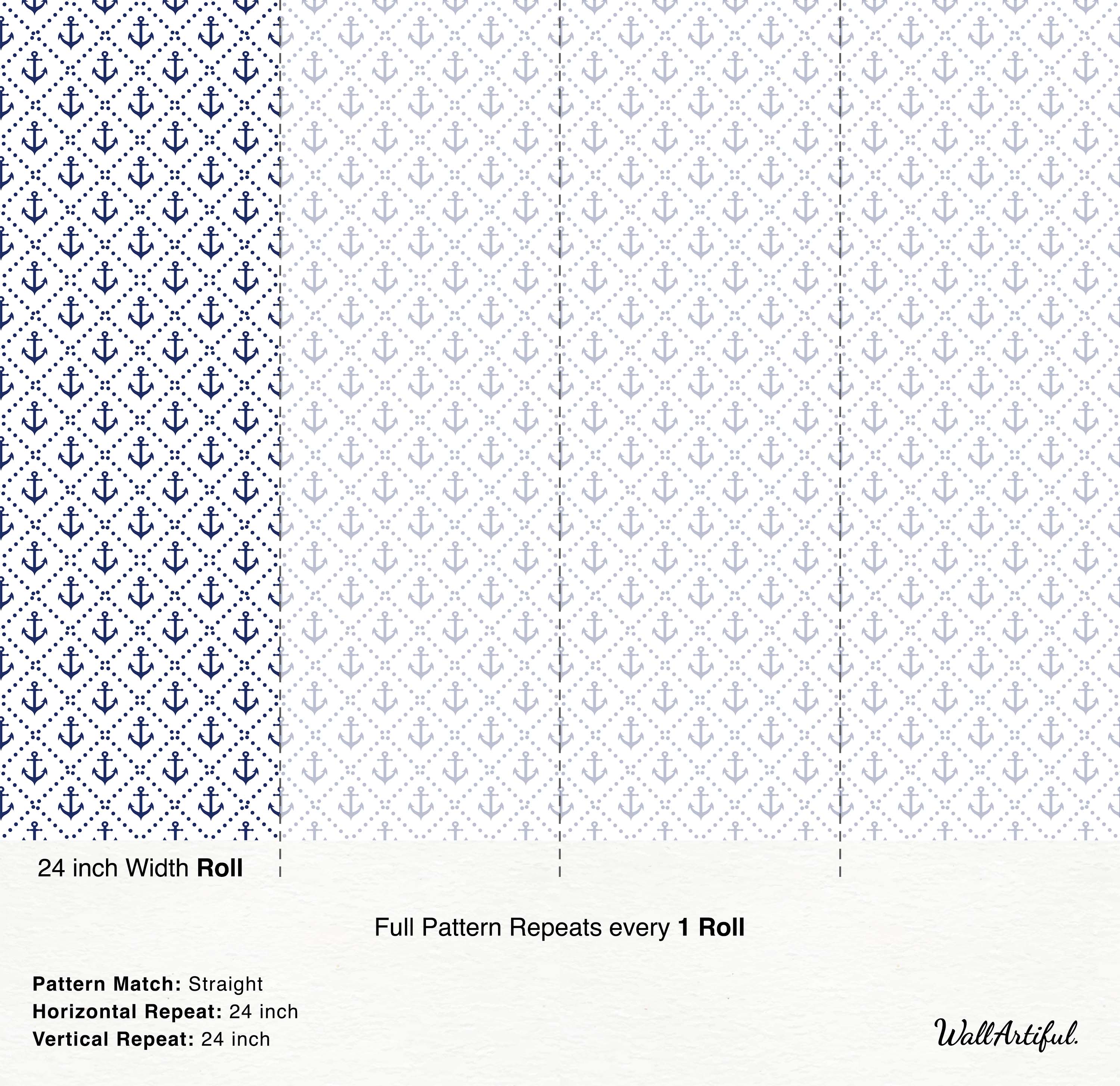 Wallpaper with a repeating nautical pattern of navy blue anchors and dots on a white background, arranged in a diamond grid.