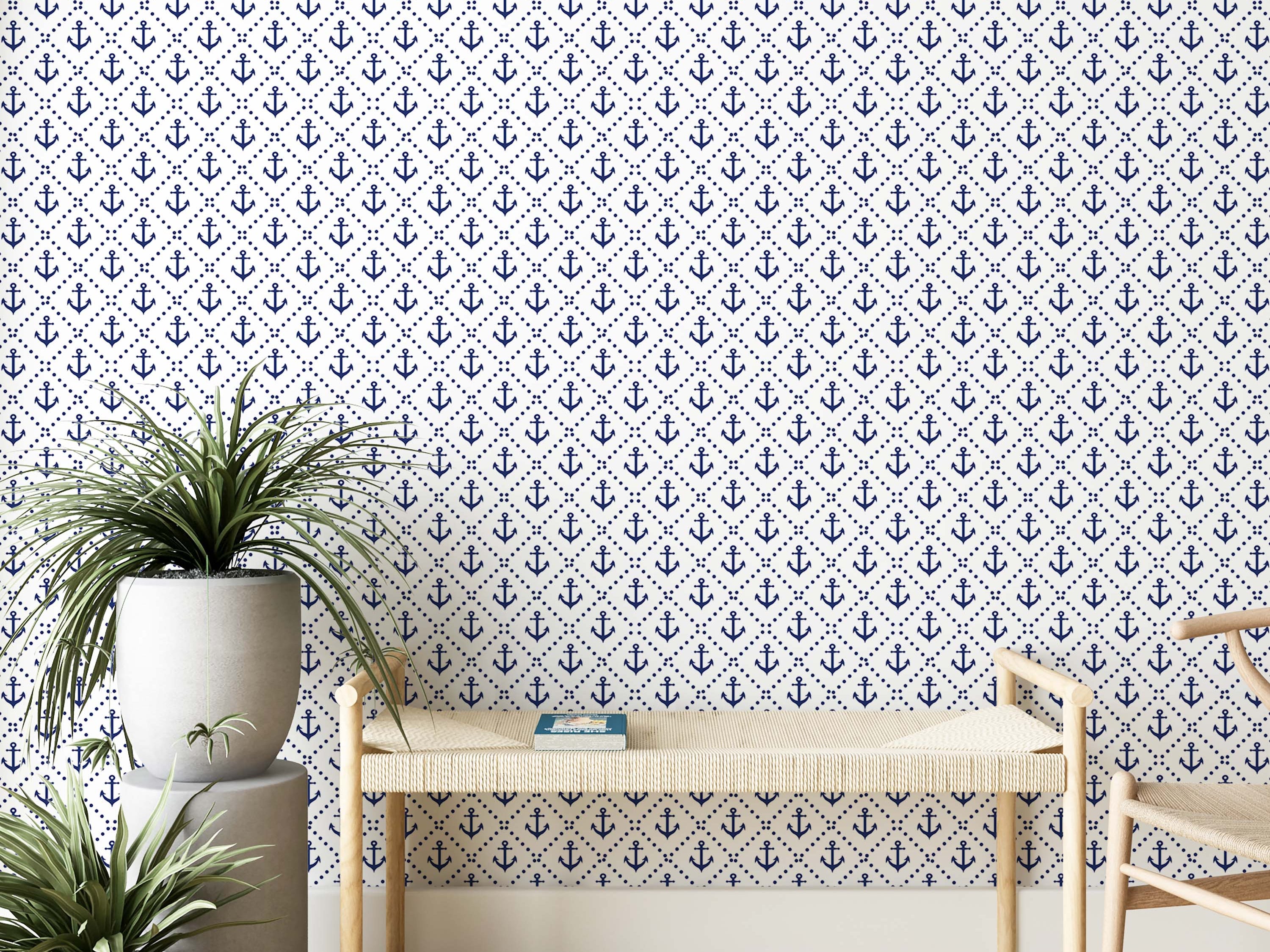 White wallpaper with a repeating pattern of dark blue anchors, each centered within a diamond formed by blue dots.