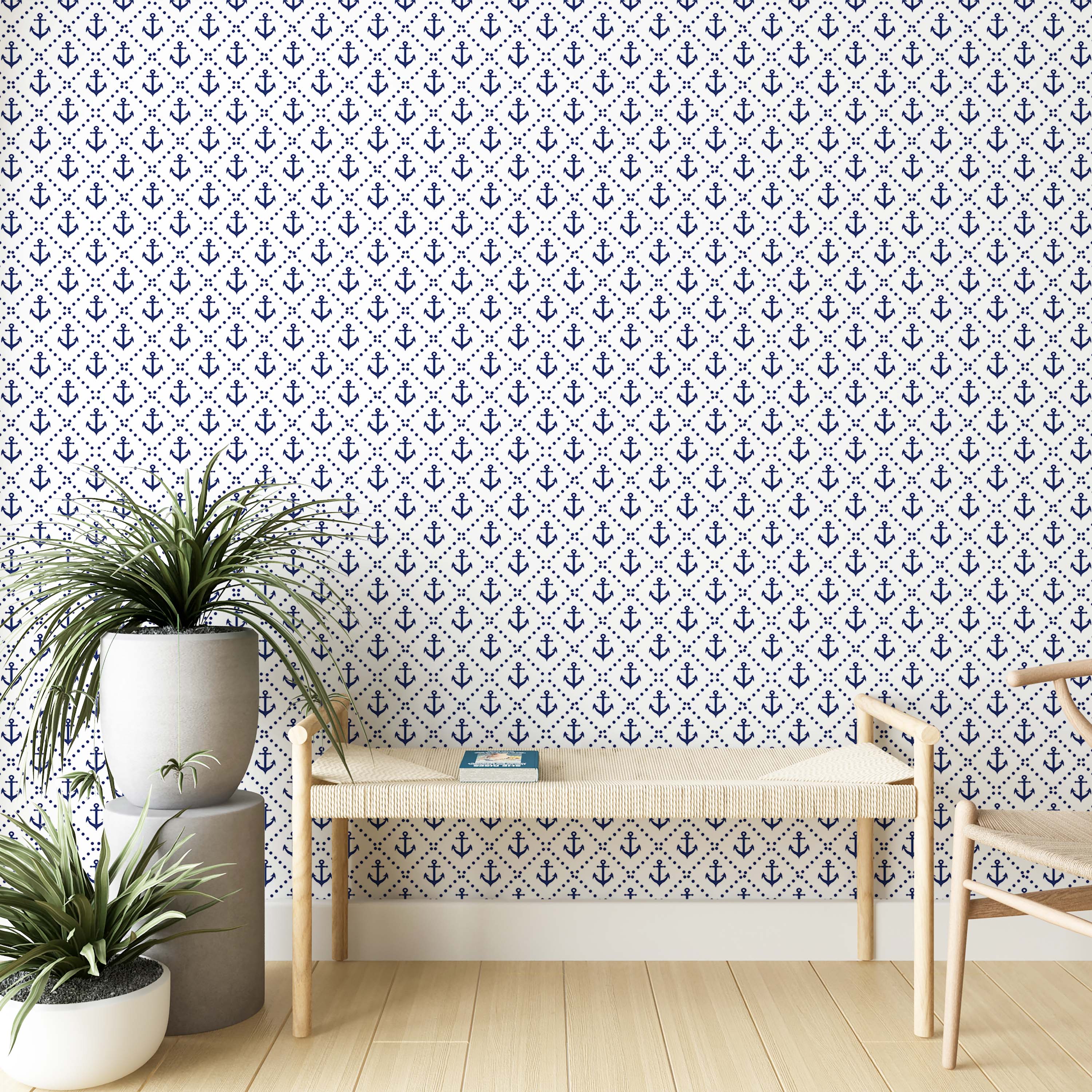White wallpaper with a repeating pattern of dark blue anchors, each centered within a diamond formed by blue dots.