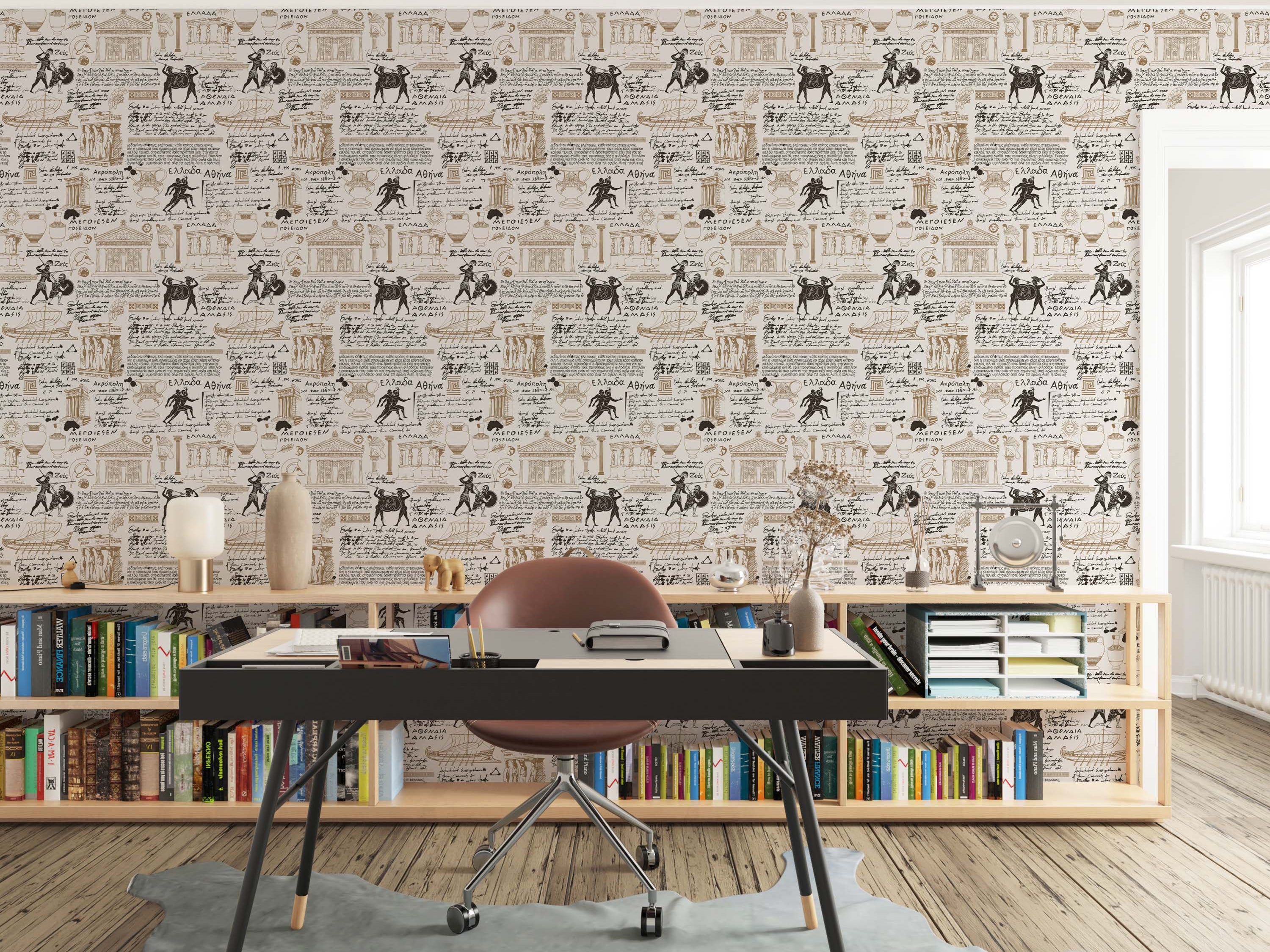 Beige wallpaper with repeating ancient Greek sketches in brown and black, featuring temples, warriors, ships, and vases.