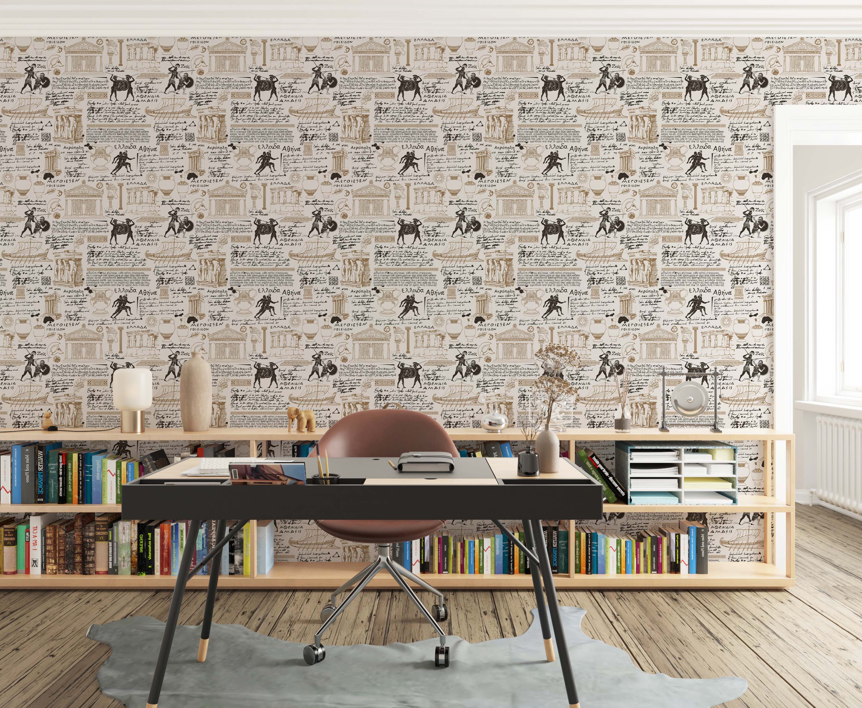Beige wallpaper with repeating ancient Greek sketches in brown and black, featuring temples, warriors, ships, and vases.
