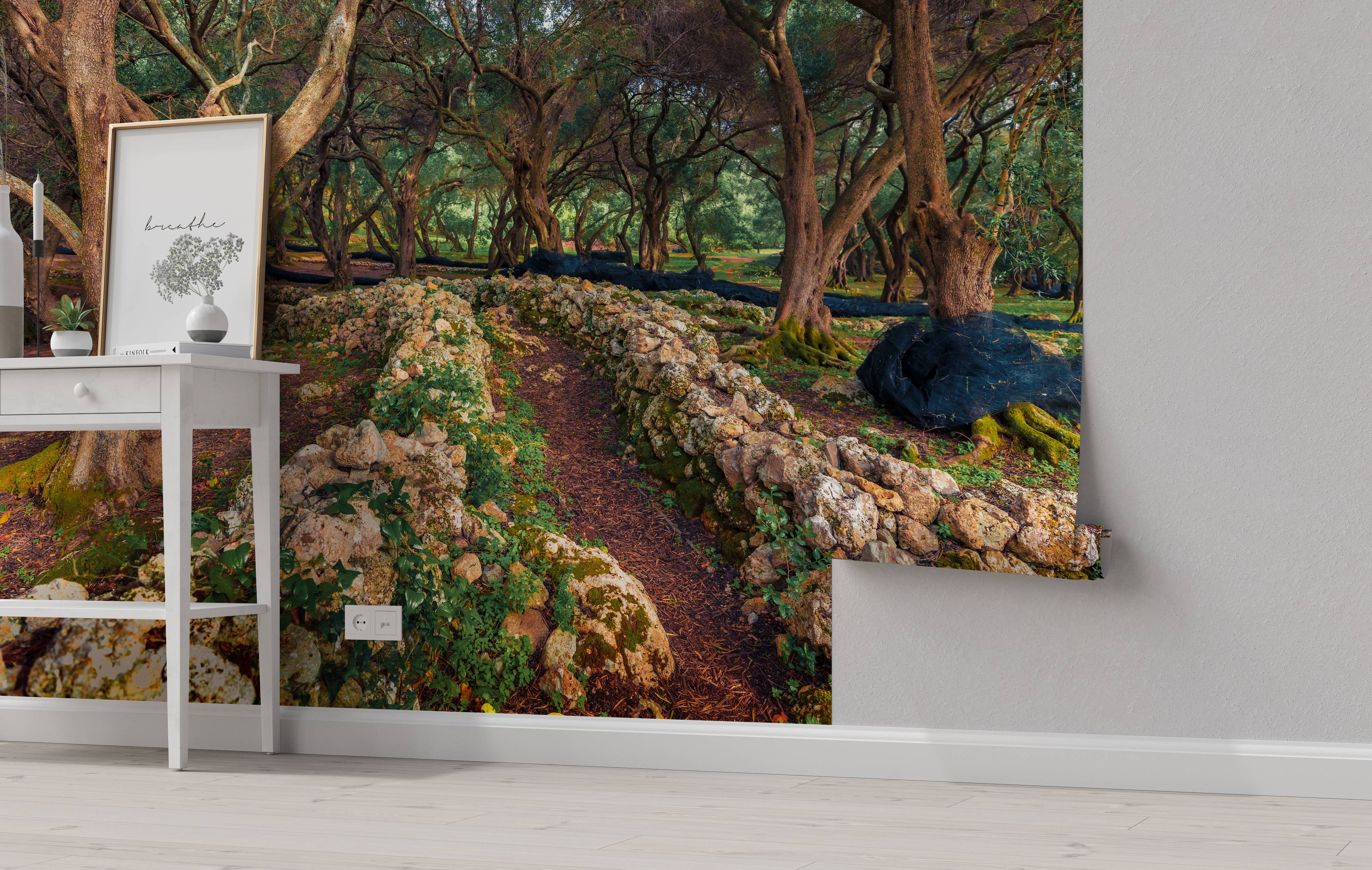 A photorealistic mural of an ancient olive grove with gnarled trees, a mossy stone path, and lush green foliage.