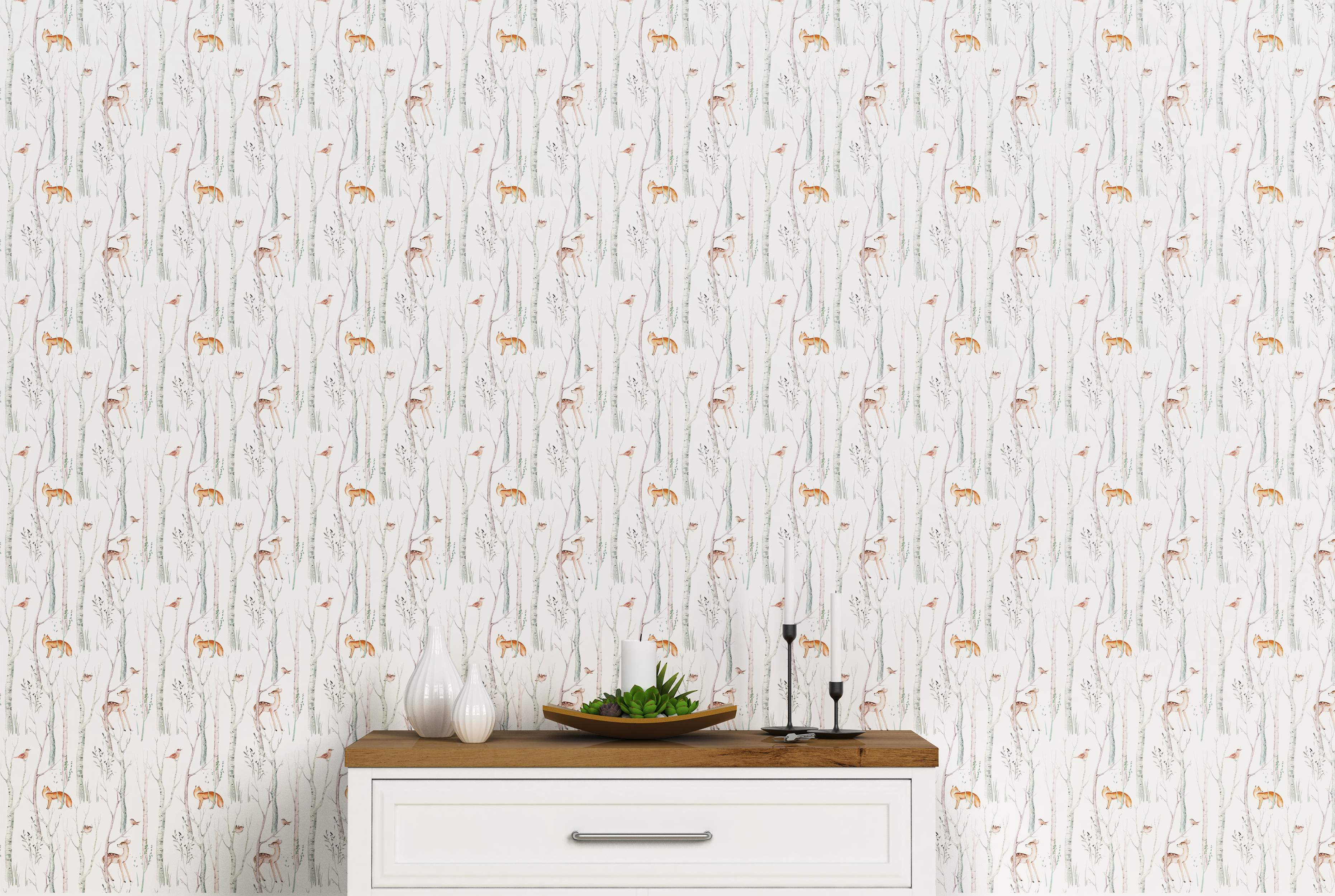 Watercolor wallpaper featuring a repeating pattern of birch trees, foxes, deer, and birds in soft browns and grays on white.