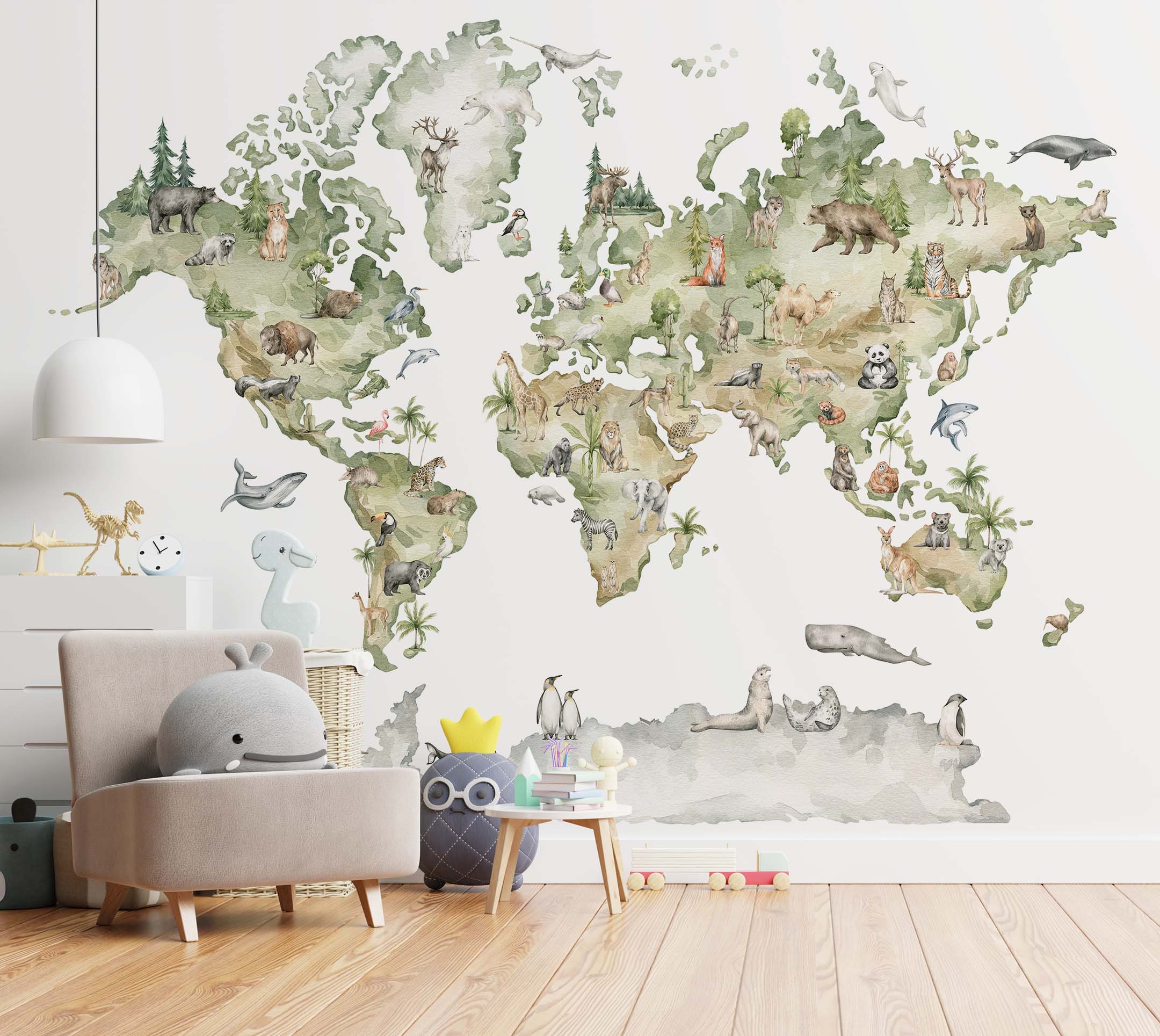 Watercolor world map mural featuring illustrated animals on green and gray continents against a white background.