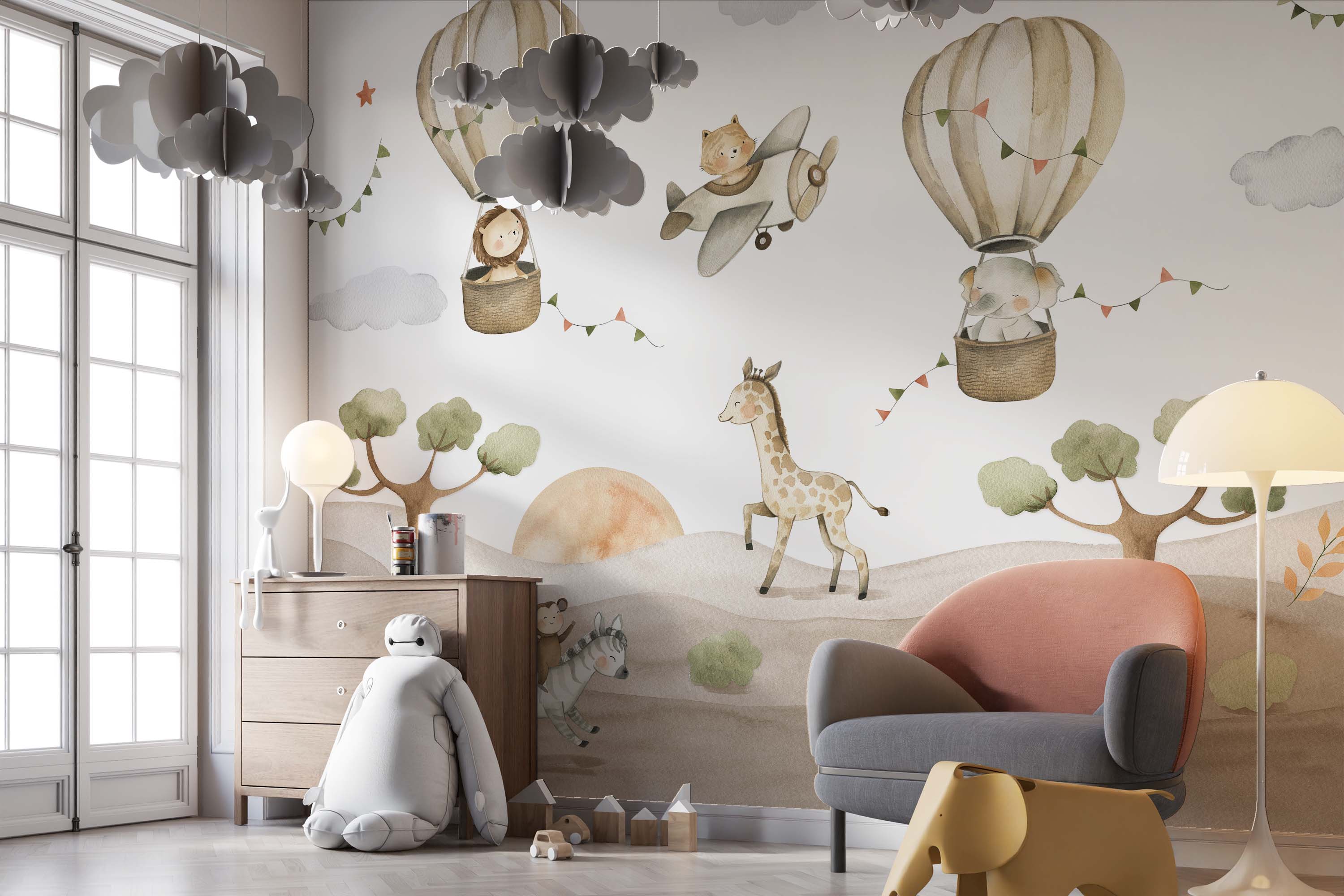 Whimsical animal mural with hot air balloons, a giraffe, and an airplane in soft beige, brown, and green watercolor tones.