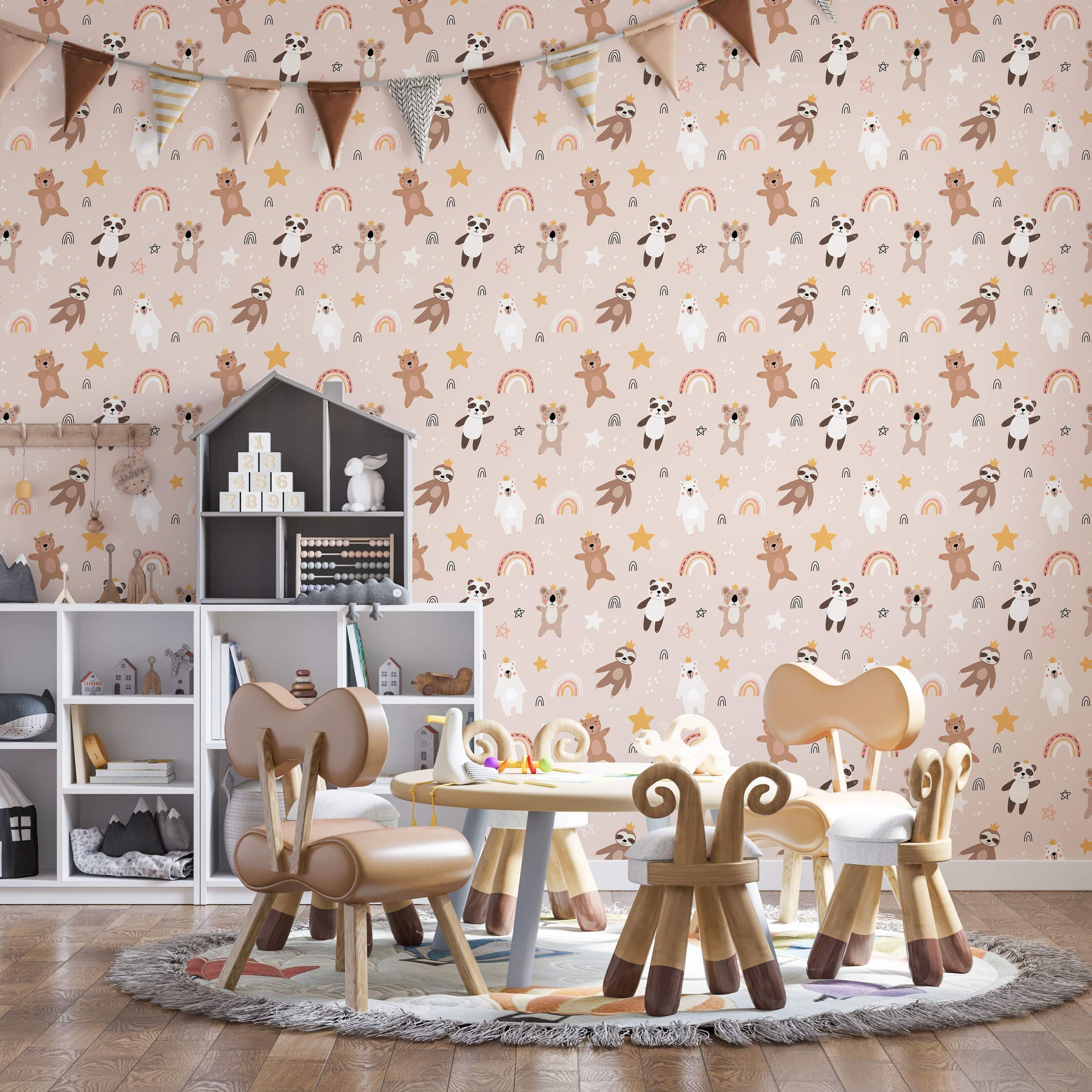 Cute animal wallpaper featuring bears, pandas, sloths, and koalas with rainbows and stars on a pale pink background.