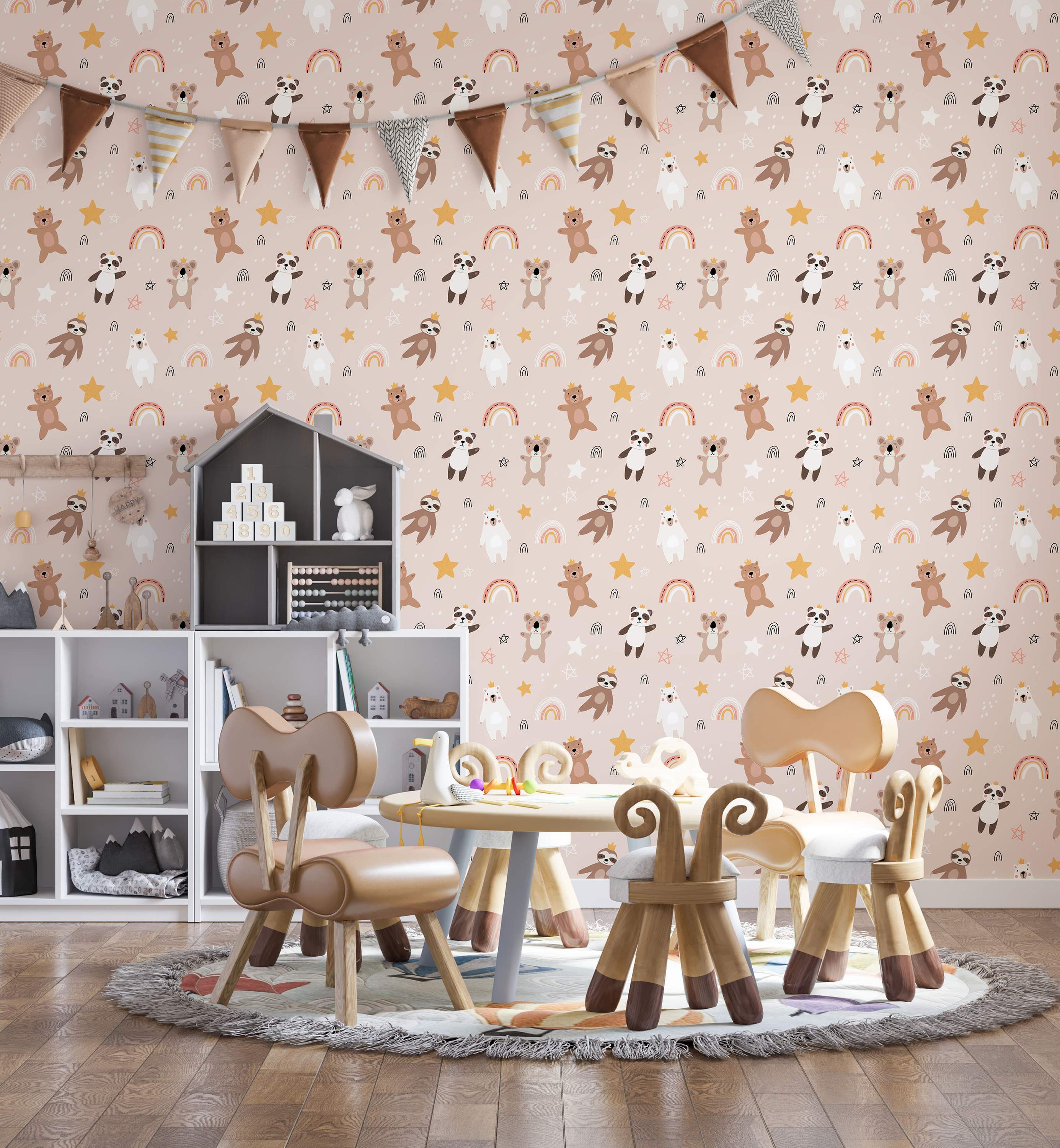 Cute animal wallpaper featuring bears, pandas, sloths, and koalas with rainbows and stars on a pale pink background.
