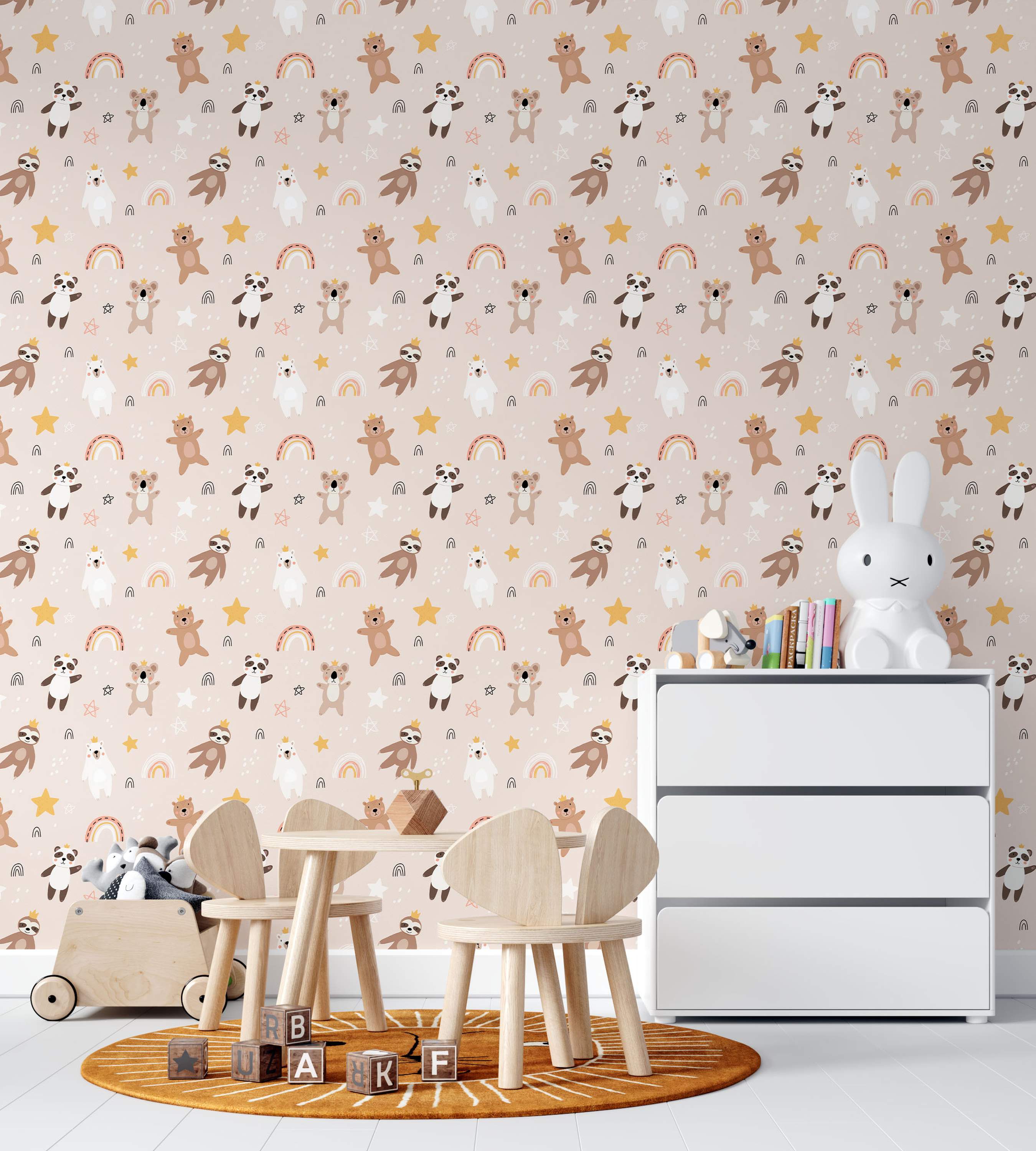 Cute animal wallpaper with crowned bears, pandas, sloths, and koalas, plus rainbows and stars on a pale pink background.