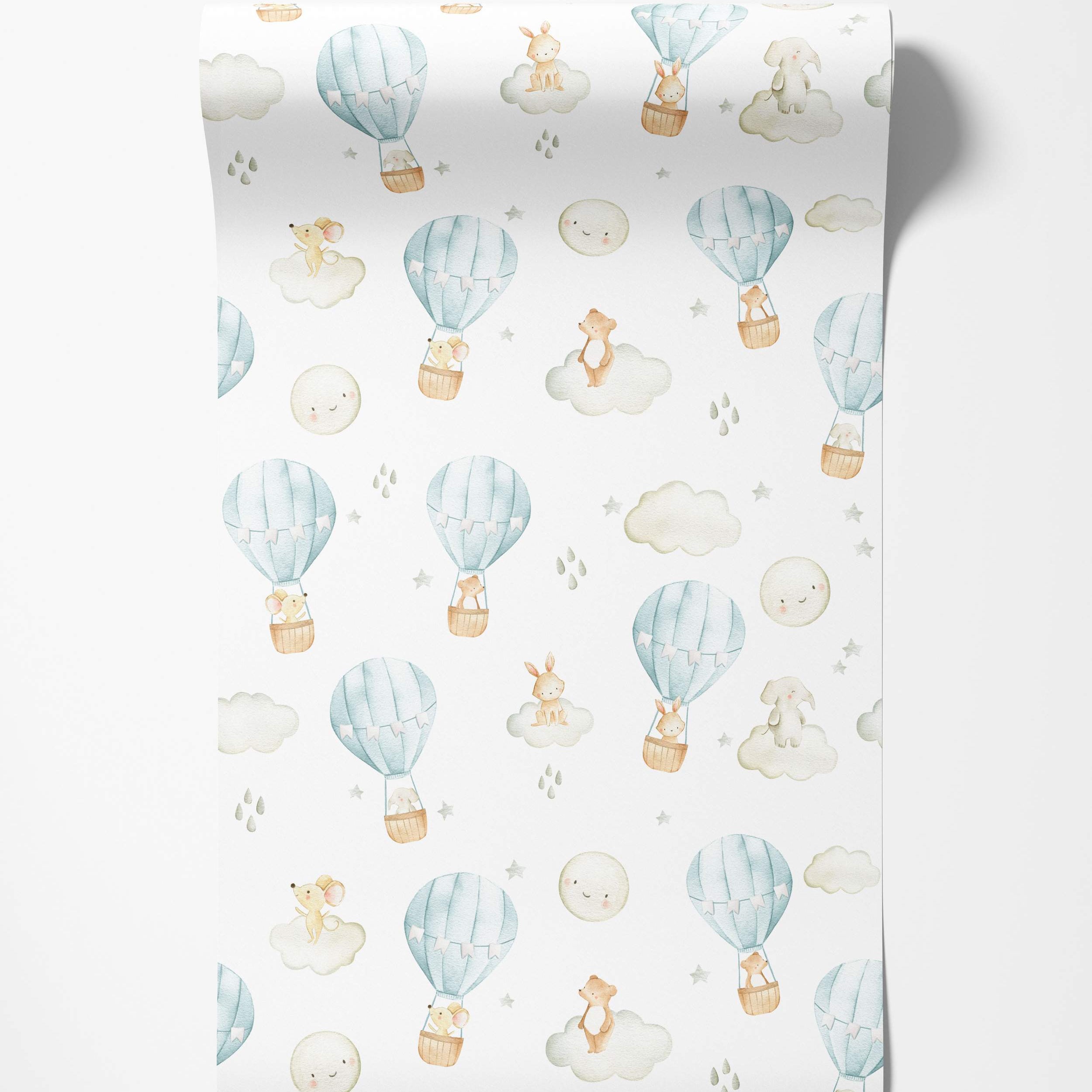 Watercolor wallpaper with cute animals in light blue hot air balloons and on clouds, accented by stars and moons on a white background.