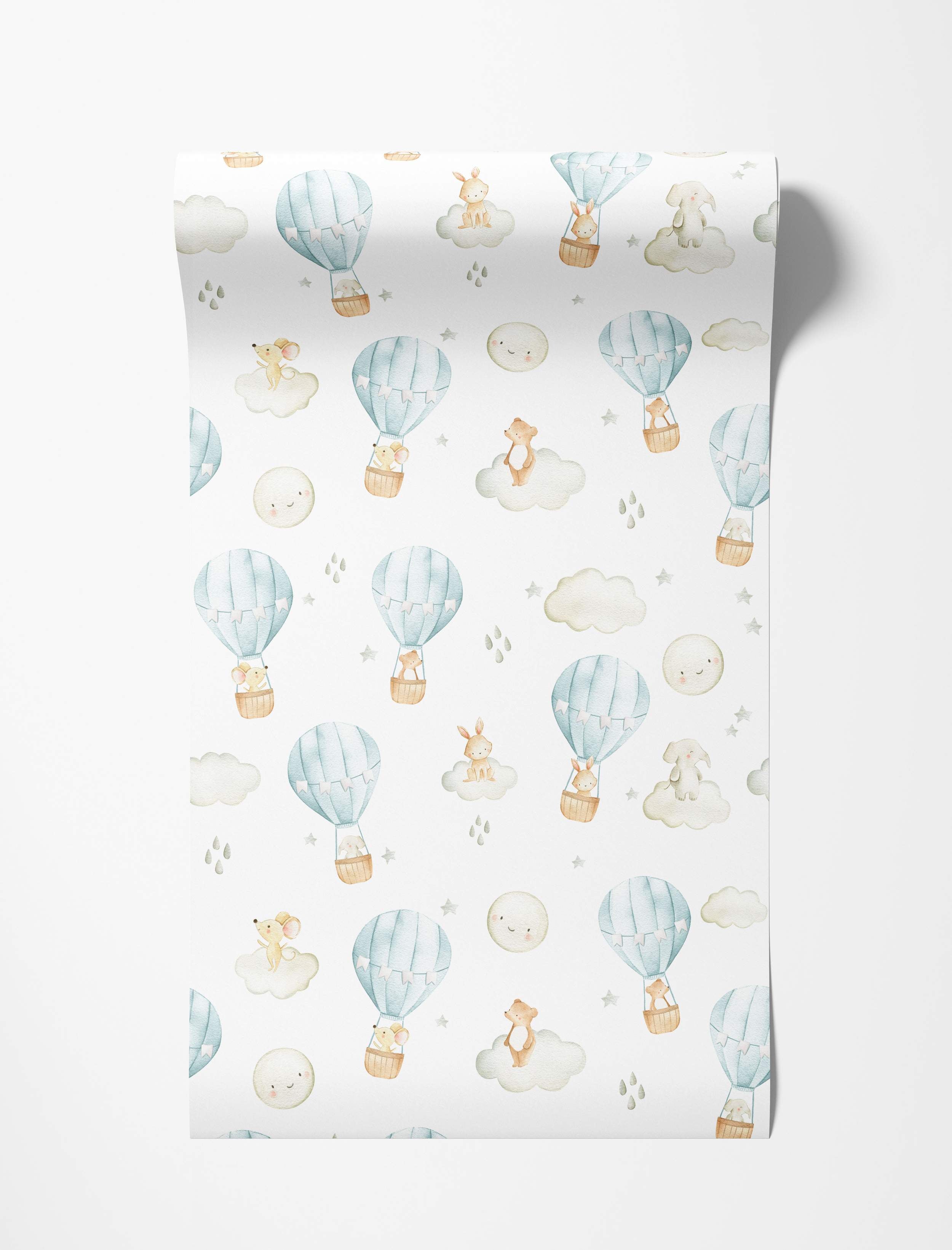 Watercolor wallpaper with cute animals in light blue hot air balloons and on clouds, accented by stars and moons on a white background.