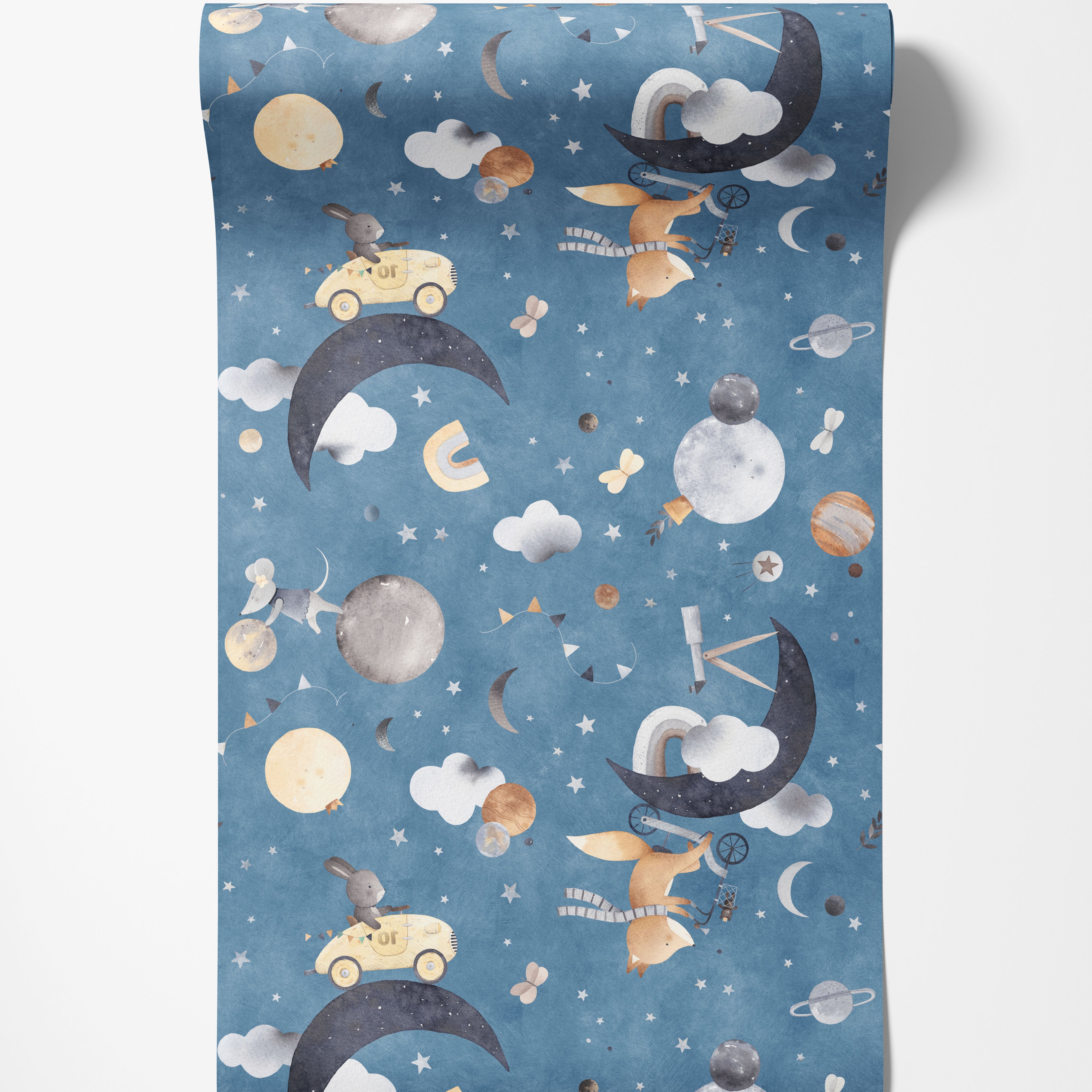 Whimsical watercolor wallpaper showing animals, moons, stars, and planets on a dusty blue background.
