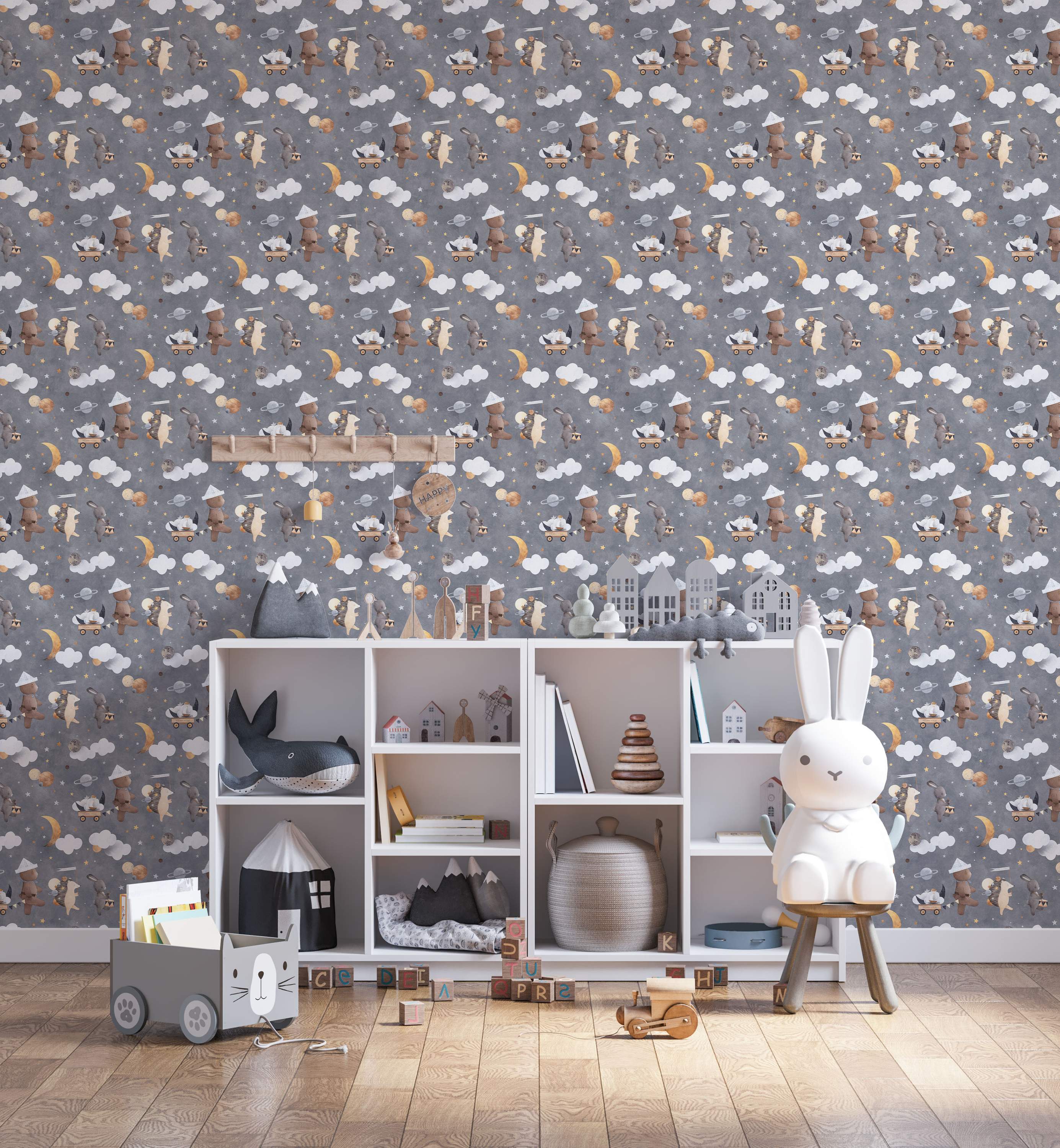 Kids wallpaper with repeating pattern of illustrated bears, rabbits, and hedgehogs amongst clouds, stars, moons, and planets on gray.