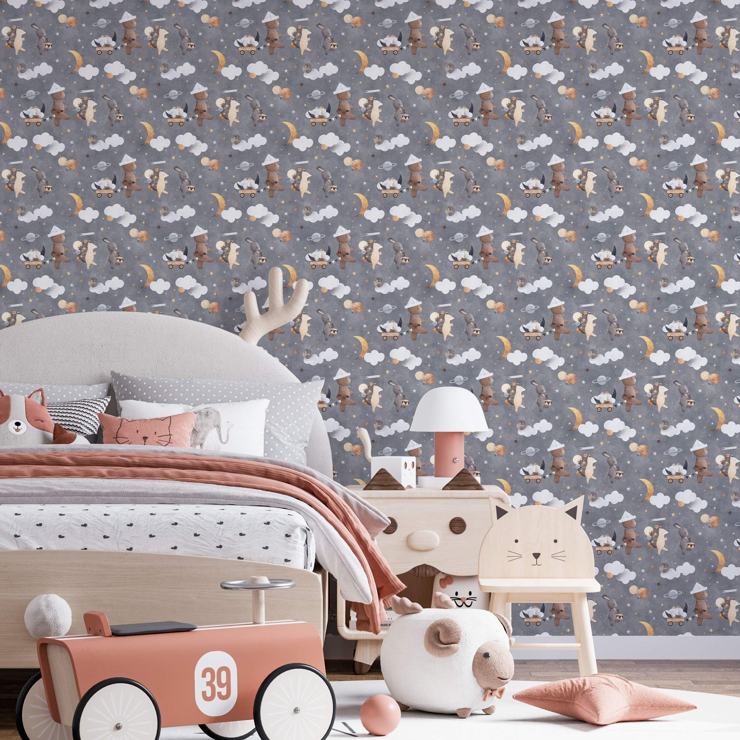 Cute animal parade wallpaper with bears, hedgehogs, and rabbits marching among clouds, moons, and planets on a gray background.