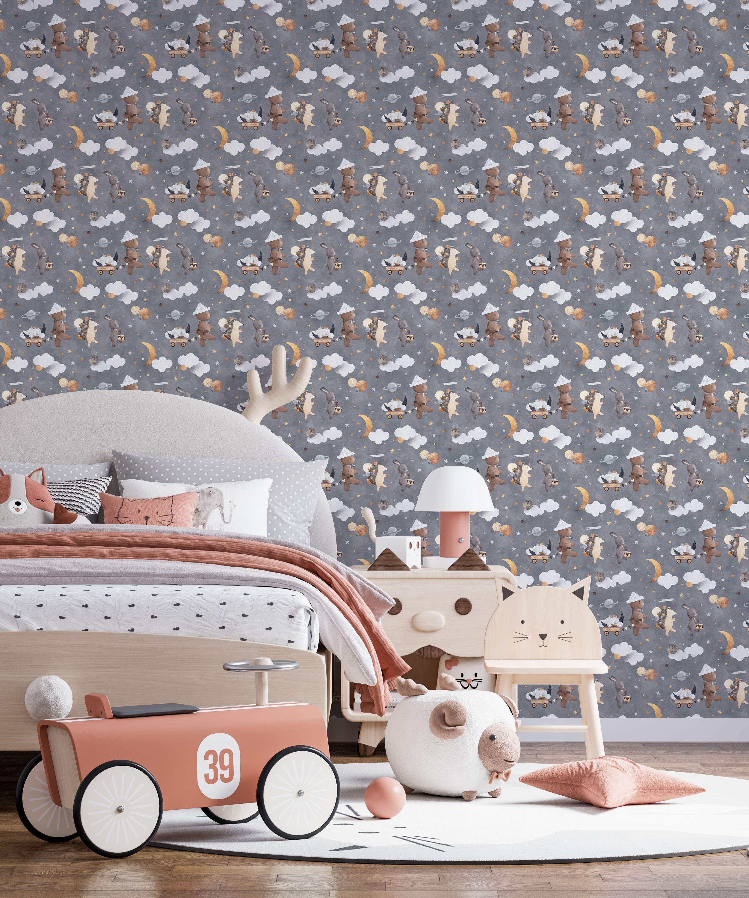 Cute animal parade wallpaper with bears, hedgehogs, and rabbits marching among clouds, moons, and planets on a gray background.