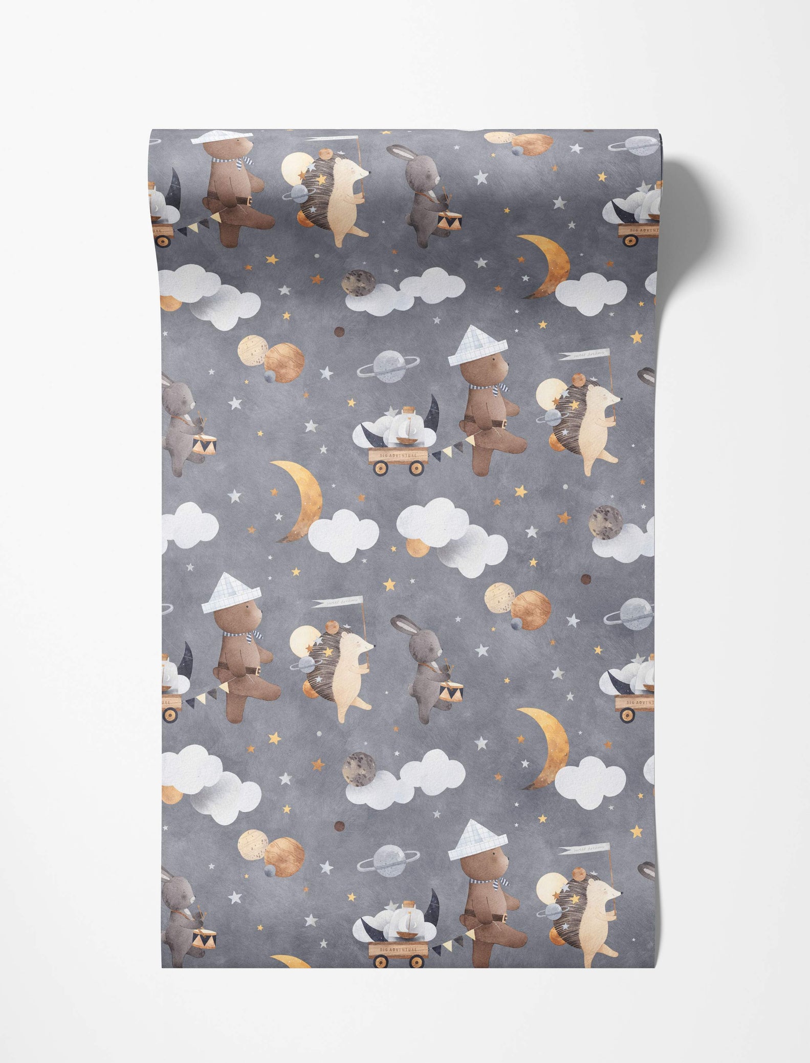 Children's wallpaper featuring watercolor bears, rabbits, and hedgehogs marching in space with planets, clouds, and stars on a gray background.