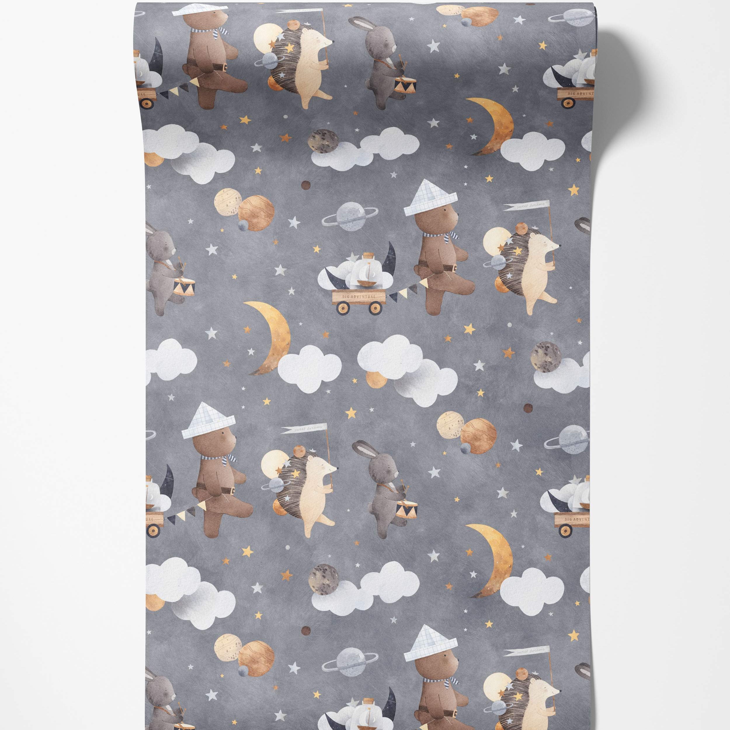 Children's wallpaper featuring watercolor bears, rabbits, and hedgehogs marching in space with planets, clouds, and stars on a gray background.