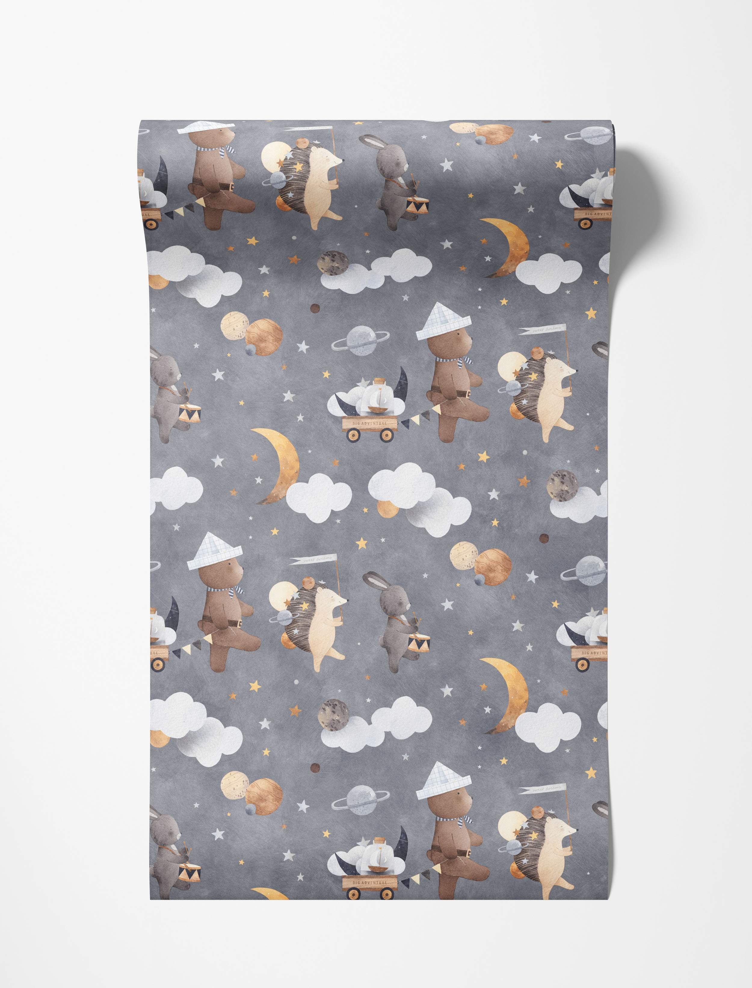 Children's wallpaper featuring watercolor bears, rabbits, and hedgehogs marching in space with planets, clouds, and stars on a gray background.