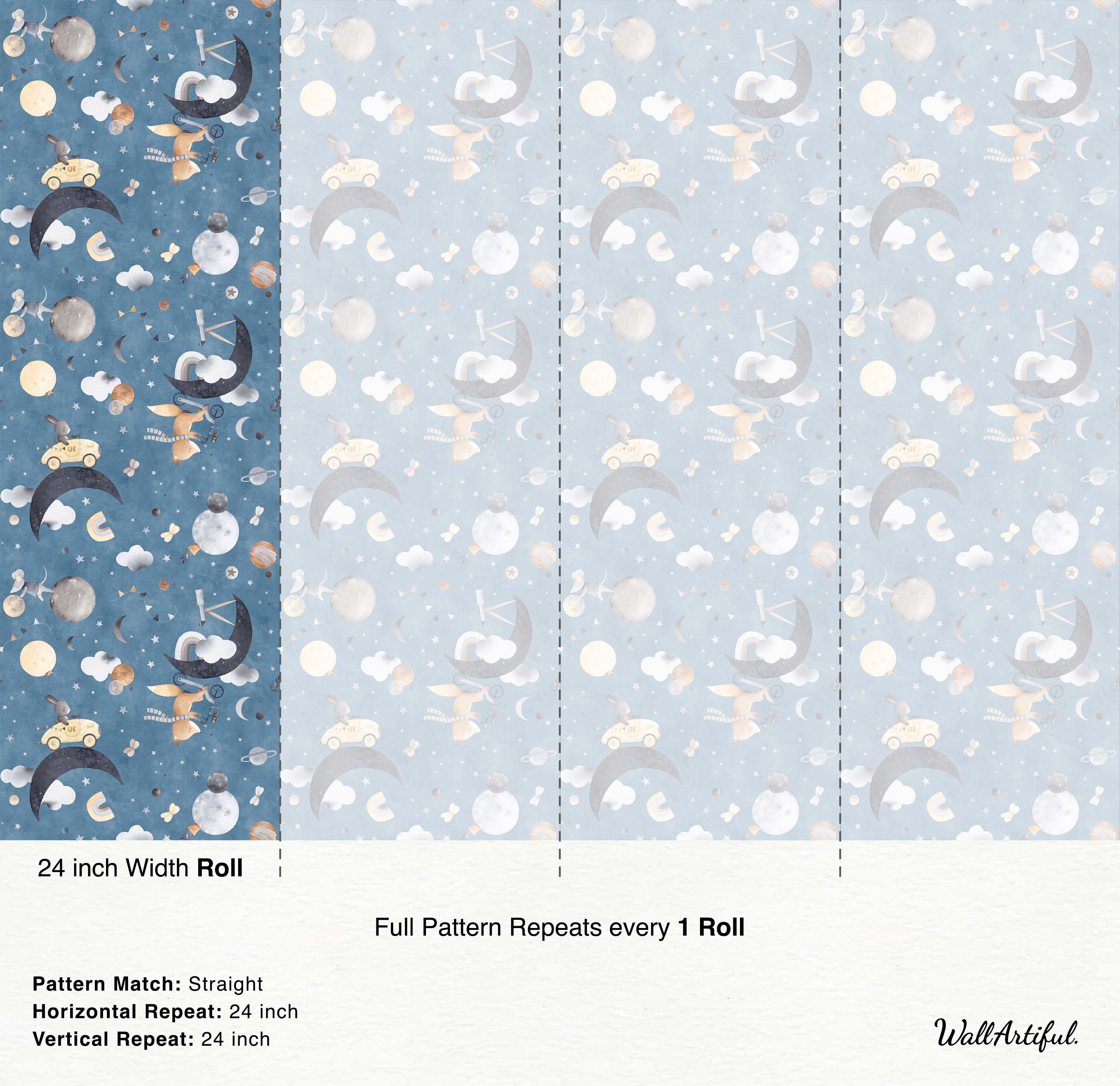 Watercolor wallpaper with whimsical space animals, including a fox on a scooter and a rabbit in a car, amid moons, stars, and planets on blue.