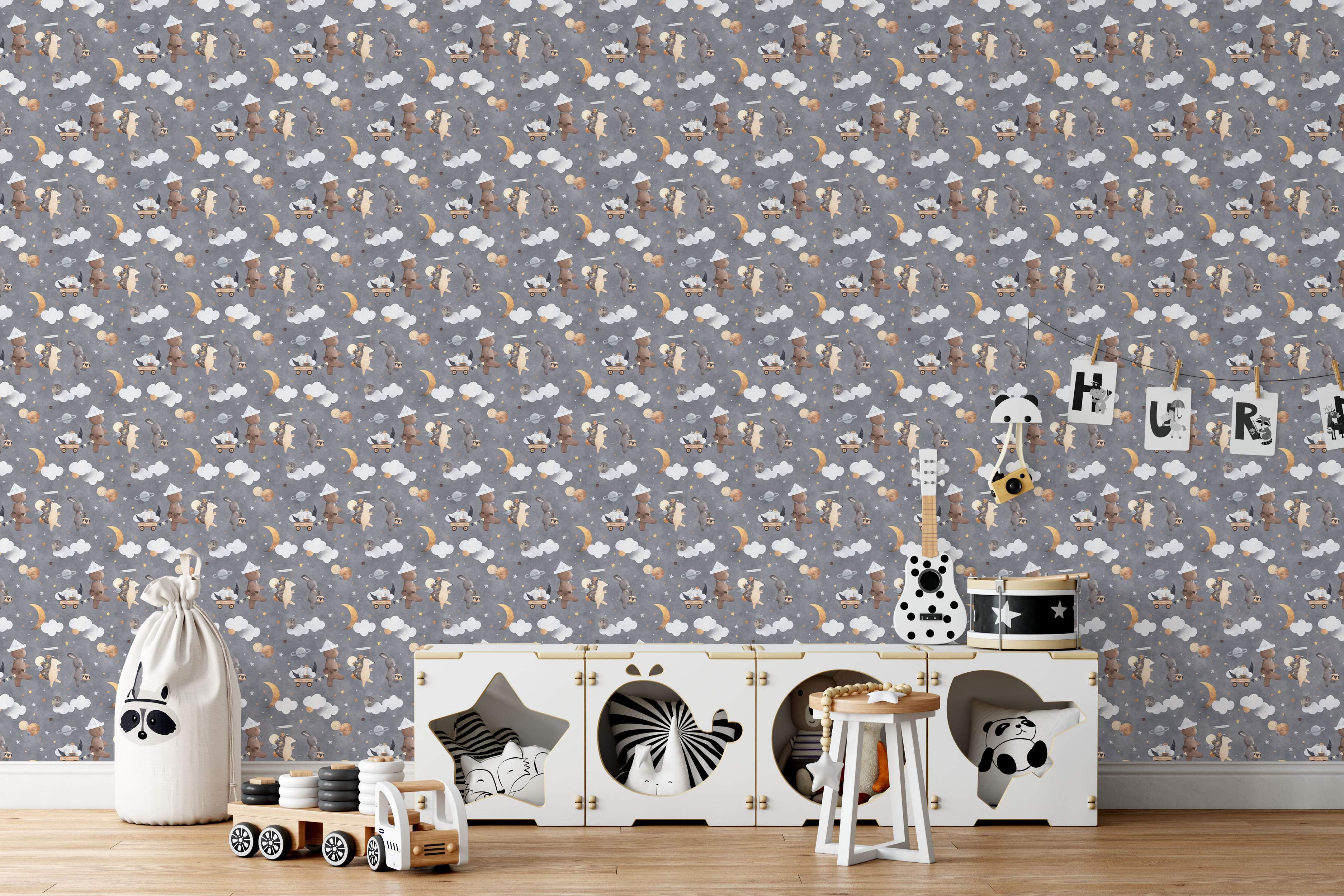 Whimsical animal parade wallpaper with bears, bunnies, and hedgehogs amongst clouds, moons, stars, and planets on a grey background.