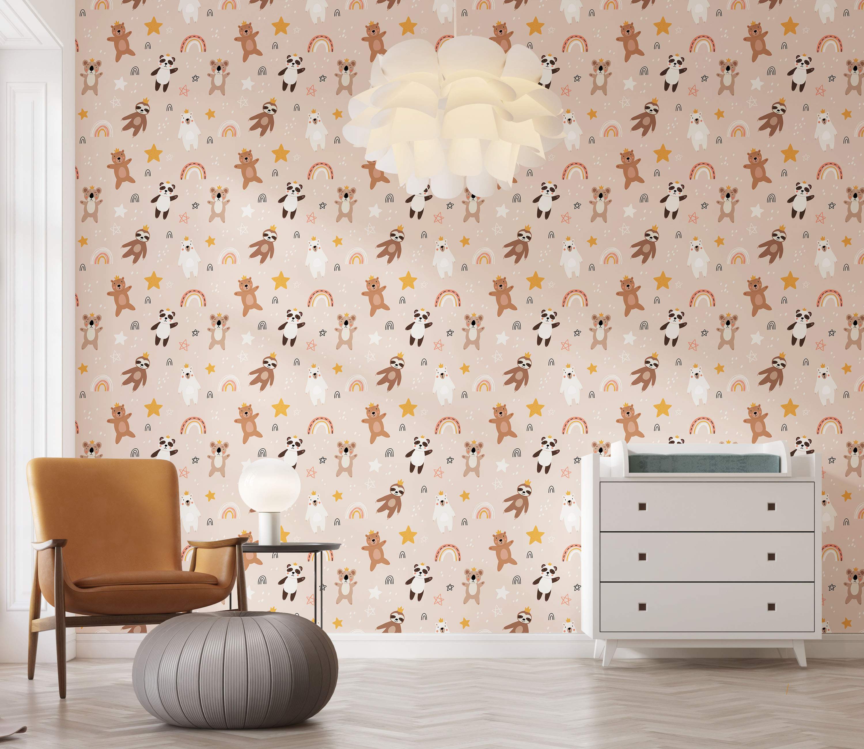 Cute cartoon animal wallpaper featuring crowned bears, pandas, koalas, and sloths with stars and rainbows on a soft pink background.